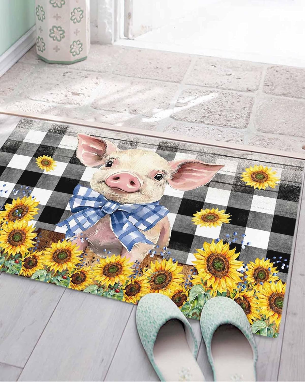 Floor Door Mats Shag Carpet Cute Pig Farm Animal Spring Sunflower Non Slip Super Soft Bath Rugs Classic Black and White Check,Shaggy Fuzzy Area Rug for Kitchen/Bathroom/Bedroom/Living Room Entrance