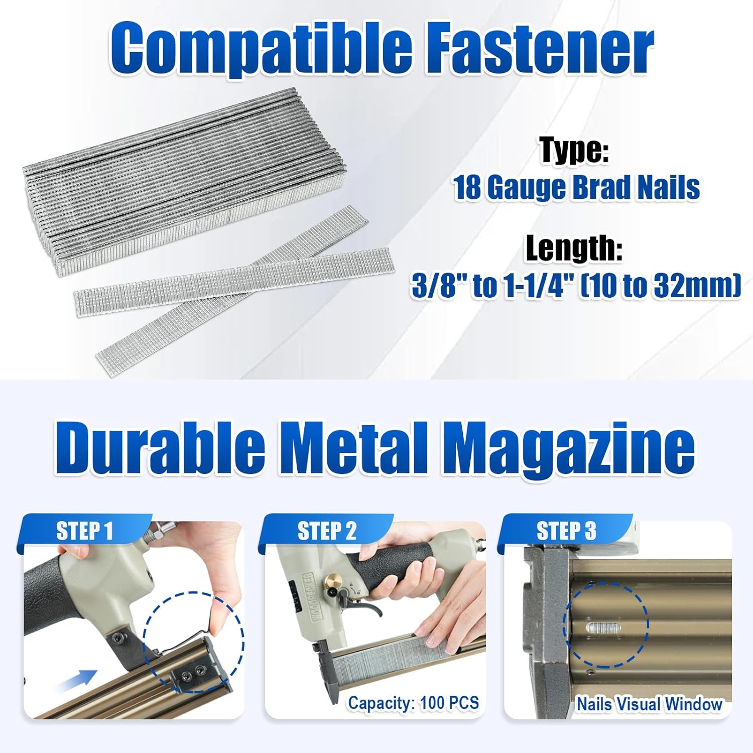 Woodpecker Pneumatic 18 Gauge 3/8" to 1-1/4" Continuous Firing Brad Nailer with 5,000 Brad Nails, Air Power Finish Nail Gun for Windows & Doors, Cabinets