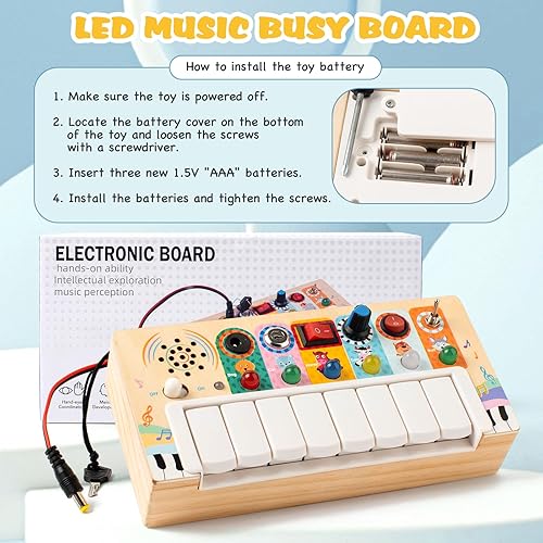 Miniatura 6 de Busy edition Tablero de actividades para niños pequeños de 2 a 4 años, juguetes Montessori para niños de 1 año con interruptor de luz LED, piano de