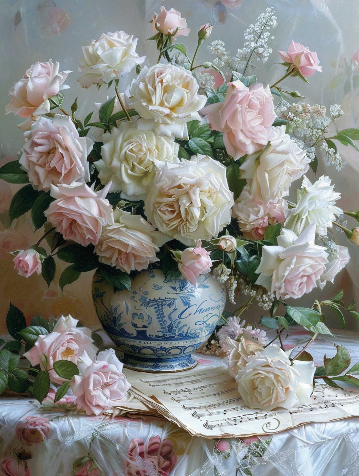 Taxpy 11CT Rosas En Un Jarrón Diy Kit De Punto De Cruz Flores Blancas Kits De Punto De Cruz Impresos,Bordado,Manualidades,Tejido,Pasatiempo,Juego De Punto De Aguja Estampado 80x100cm