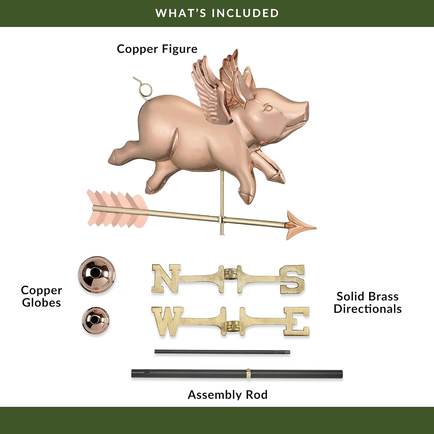 Good Directions Flying Pig Polished Weathervane with Arrow