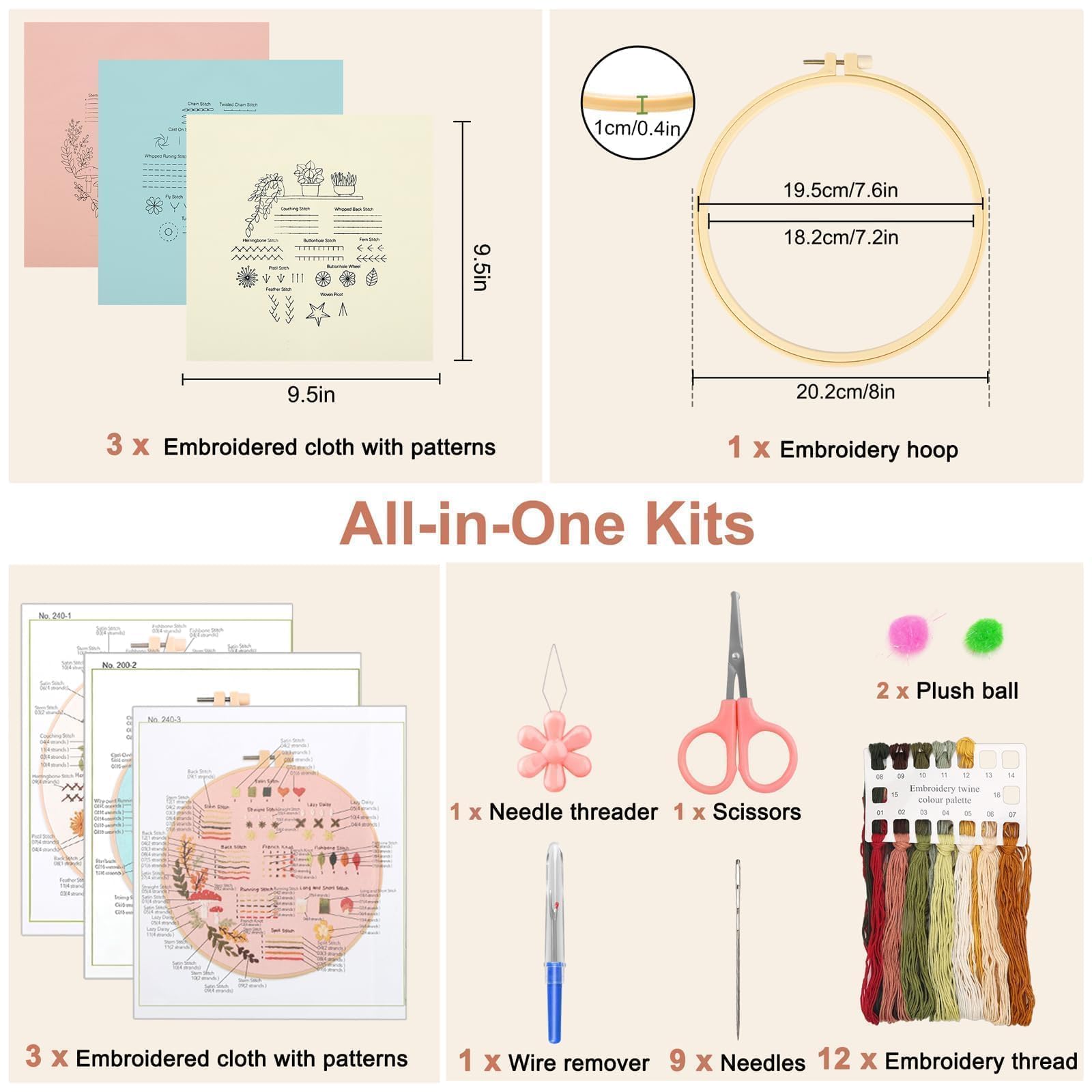 EEEKit 3PCS Sticken Set für Anfänger, Kreuzstich Stickerei Starter Set mit 28 Stichen Lernanleitung und Garne, Nadeln und Stickrahmen für Erwachsene