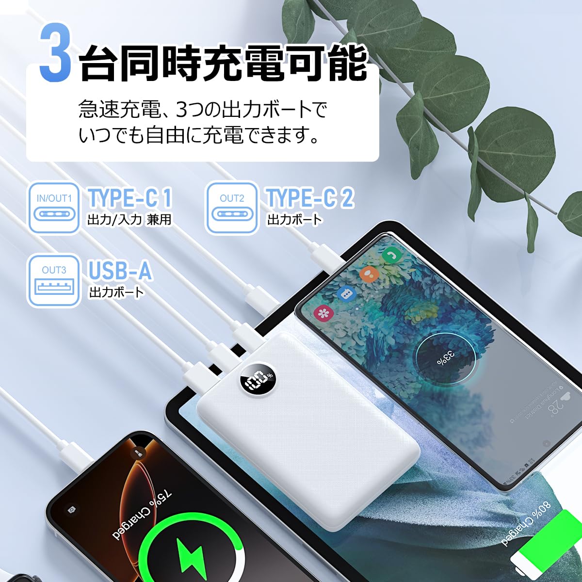 大容量モバイルバッテリー 急速充電 3台同時充電 モバイルバッテリー 20000mah 小型 大容量 軽量 薄型 3台同時充電 5v