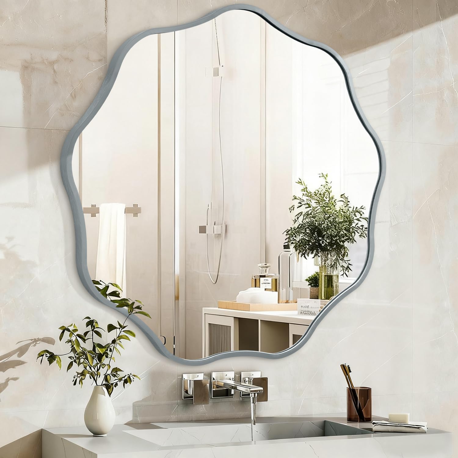 Hlfmvwe Grey Round Wavy Mirror For Wall, Decorative 60Cm Modern Circle Mirror Metal Frame Wall Mirrors For Bathroom Bedroom Living Room Entryway Home Decor