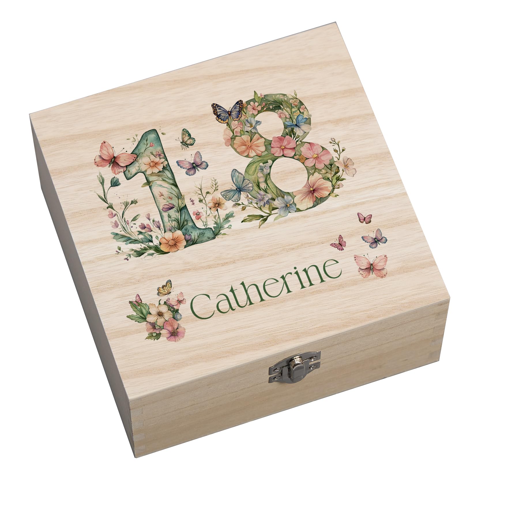 ukgiftstoreonline Personalised 18th Birthday Keepsake Memory Box, Natural Wood with Butterfly and Flower Design, 17x17x7cm, Square Storage Box