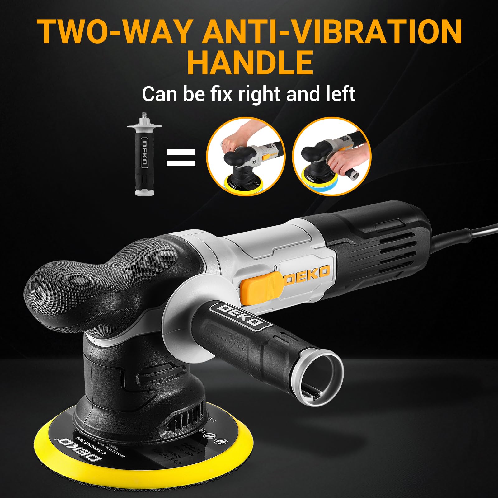 Pulidora de Doble Acción, DEKOPRO 800W Kit Pulidora Coche，con 150MM Almohadilla Abrasiva, 6 Velocidades Variables, 1800-5500 RPM, 9MM Orbital - Para Detallar, Pulir y Encerar el Coche