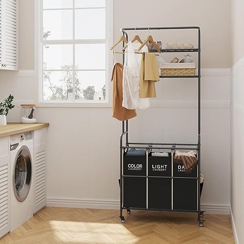 Miniatura 7 de Carrito clasificador de lavandería con estante para colgar, cesta de lavandería de 3 secciones, carrito de mayordomo con estante de 2 niveles,