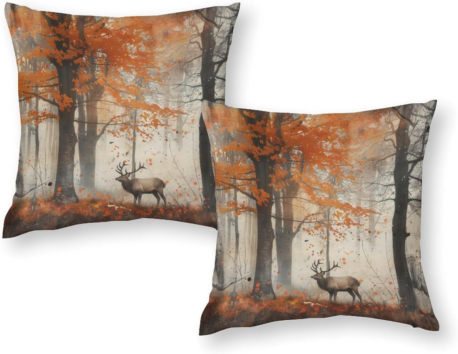 2 Packs Floral Deer Forest Throw Pillow Covers for Living Room, Rustic Animal Tree Red Leaf Plant Pillow Covers Cushion Case for Couch Sofa Bed, 20x20 inch