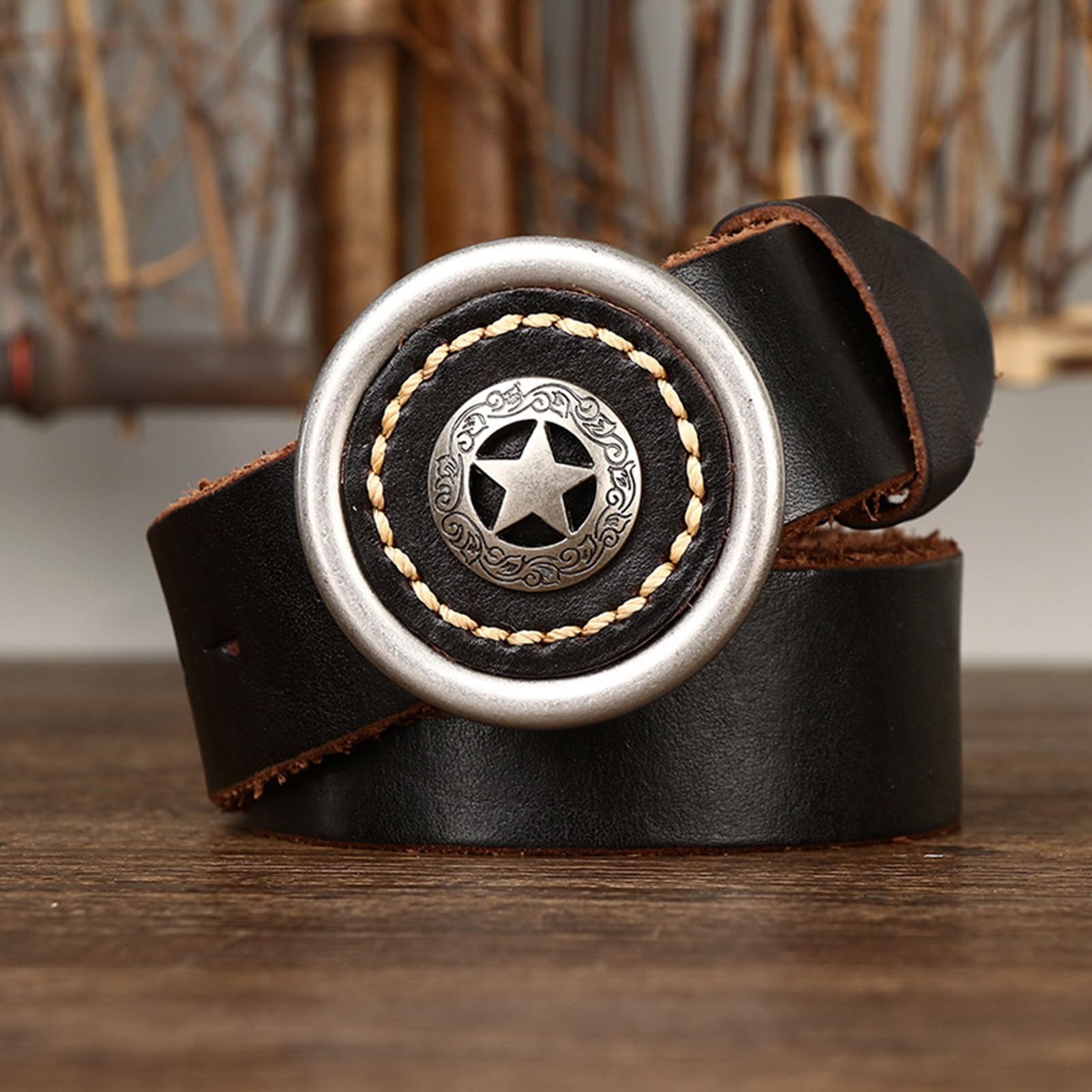 Cintura Western Unisex - Cinturino Da Cowboy Country 1 1/2", Spessore 5, Mm, Fibbia Circolare Con Pentagramma Inciso