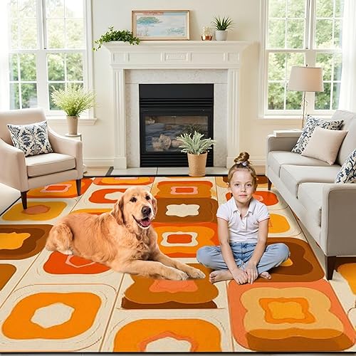 Miniatura 8 de Alfombra retro sin costuras de los años 70, color naranja, marrón, amarillo, beige, de los años 60 y 70, estilo retro de los años 60, alfombra de