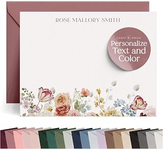 Personalized Stationery for Women, Floral Flat Card with Custom Note Cards Name, Euro Flap Personalized Note Cards with Envelopes For Women, Girls & Teens Custom Card Gift Idea - Rose Garden Flat