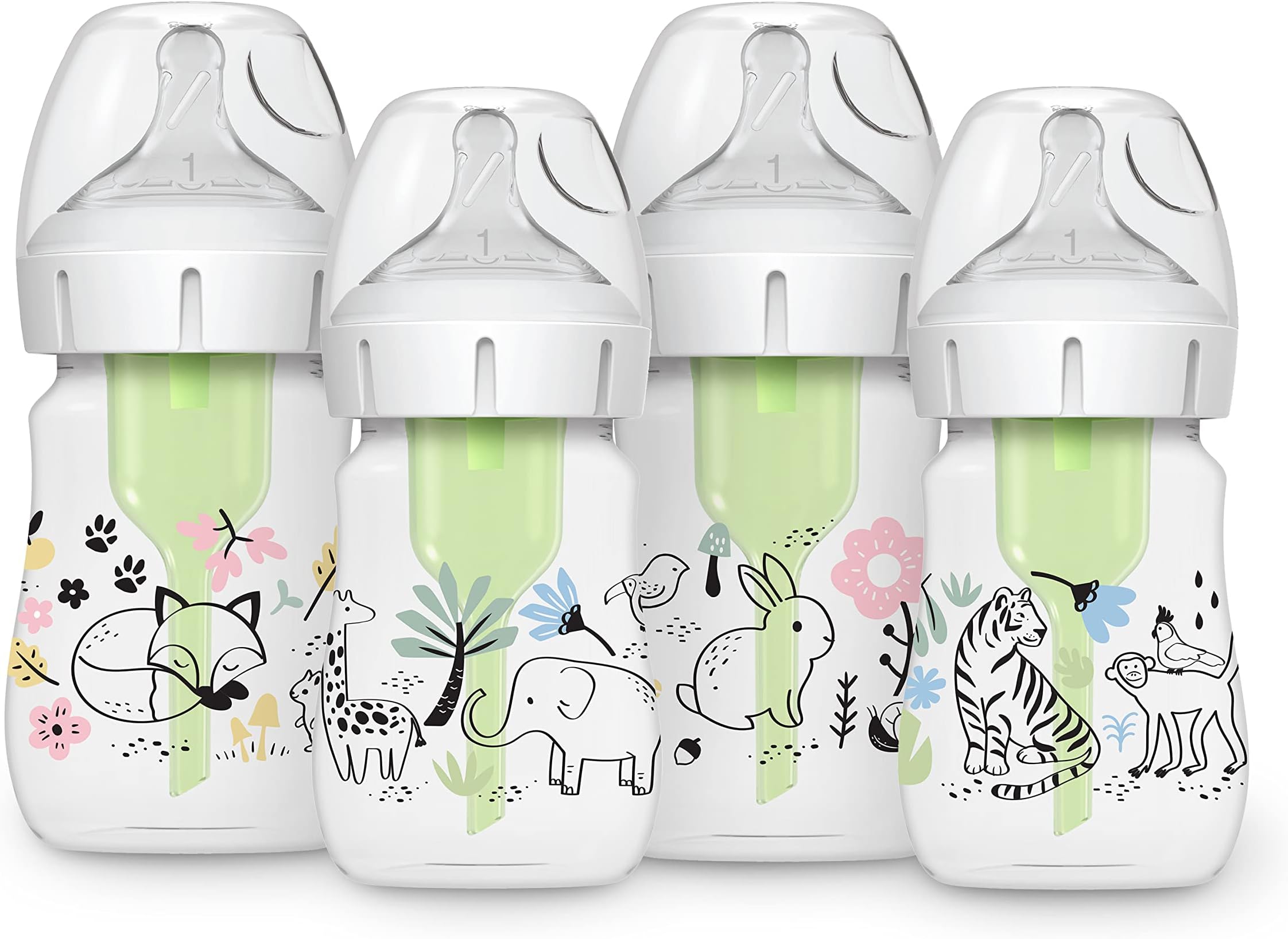 Anti-Colic Options + Wide-Neck Baby Bottle Designer Edition, Woodland + Jungle, 5 oz/150 mL, Level 1 Slow Flow Nipple, 0m+, 4-Pack