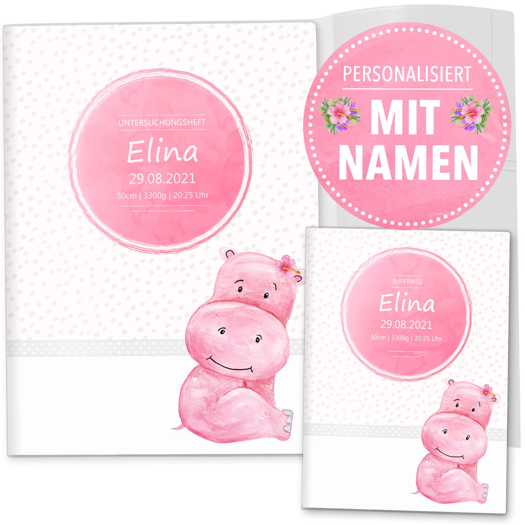 OLGS U-Heft und Impfpasshüllen 3-teiliges Set mit Personalisierung Safari Tour Tier | Untersuchungsheft & Impfpass Hülle mit Namen, Geschnkidee (Impfpass, Uhefthüllen personalisiert, Pink Hippo)