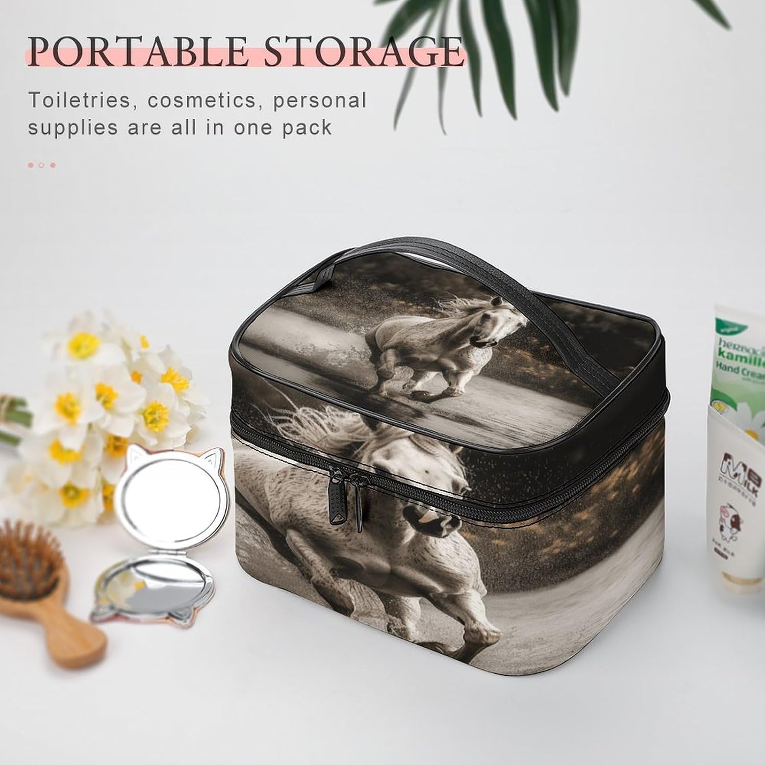 Horse Running by The Water Makeup Bag with Handle Fashion Portable Travel Toiletry Bag Exquisite Large Capacity Cosmetic Bags Lightweight Travel Accessories Storage Bags for Women image 5