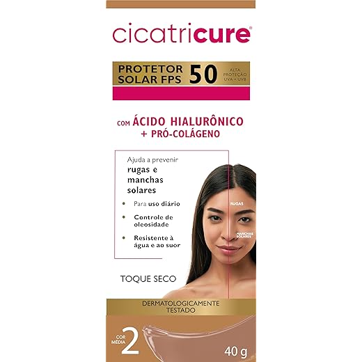 Cicatricure Protetor Solar Facial FPS 50 Antissinais Toque Seco Cor Média, Previne Rugas e Manchas, Ultra Proteção UVA UVB, Ácido Hialurônico para Pele Oleosa, 40 ml