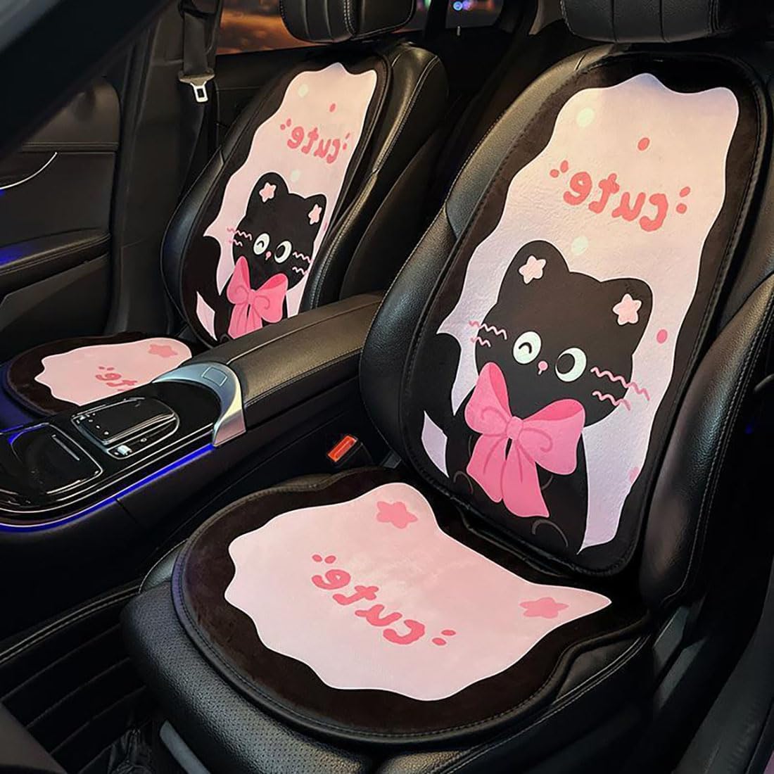 YUNZLAN Sweet Cat Fun Car Seat Covers Full Set Front and Back Seat Covers Universal Fit for Cars Trucks SUVs-Luxury-11PCS-Pink Black