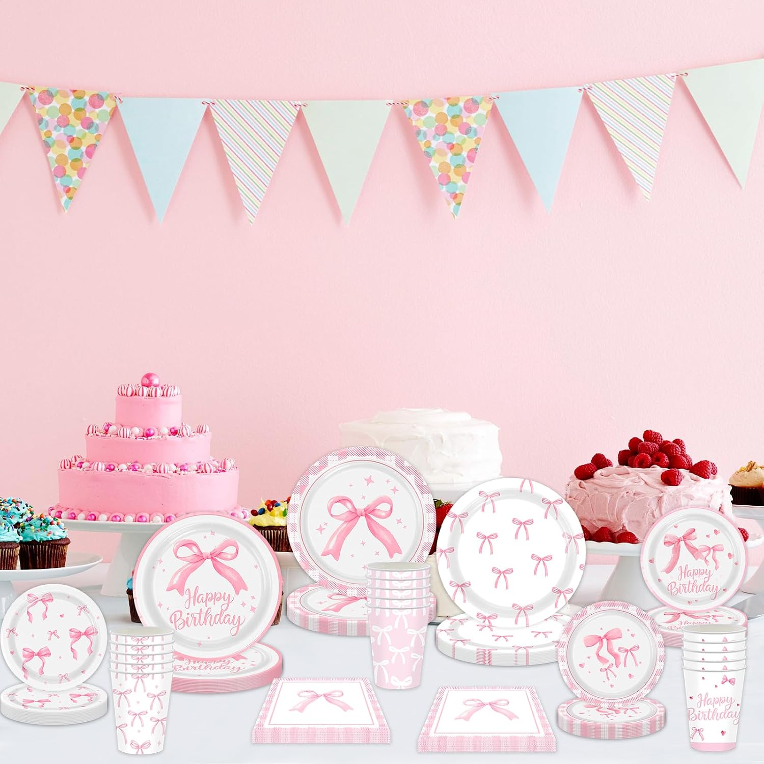 Pink Bow Birthday Party Supplies 120pcs Disposable Pink Bow Paper Plates Napkins Cups for Girl Birthday Party Decoration Baby Shower Bachelorette Bridal, Serve 30