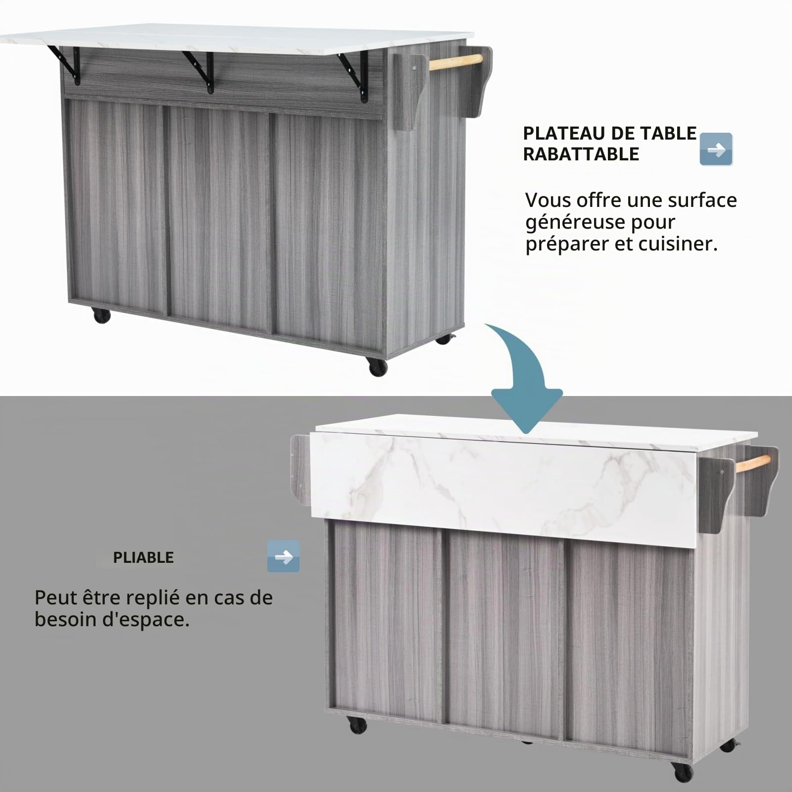 YEHTOKHOME Îlot Central Cuisine avec Plan Rabattable, Desserte de Cuisine à roulettes, Buffet Salle a Manger avec 2 Portes et 2 Tiroirs, Étagère à Épices,Porte-Serviettes (Gris)