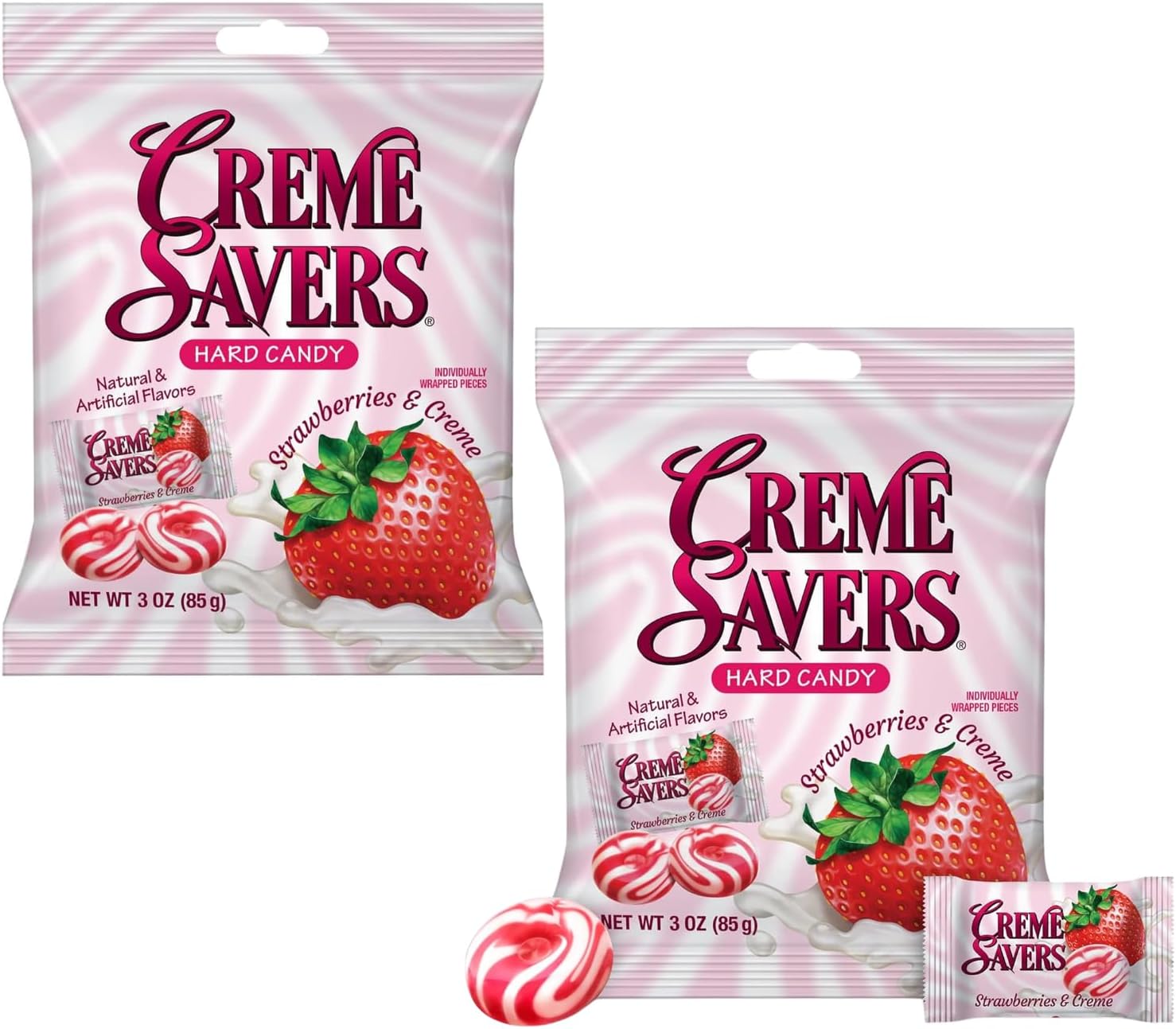 Strawberries Cream Savers Hard Candy 3 Ounce Bags (2 Pack), Individually Wrapped - Strawberry Creme Candy