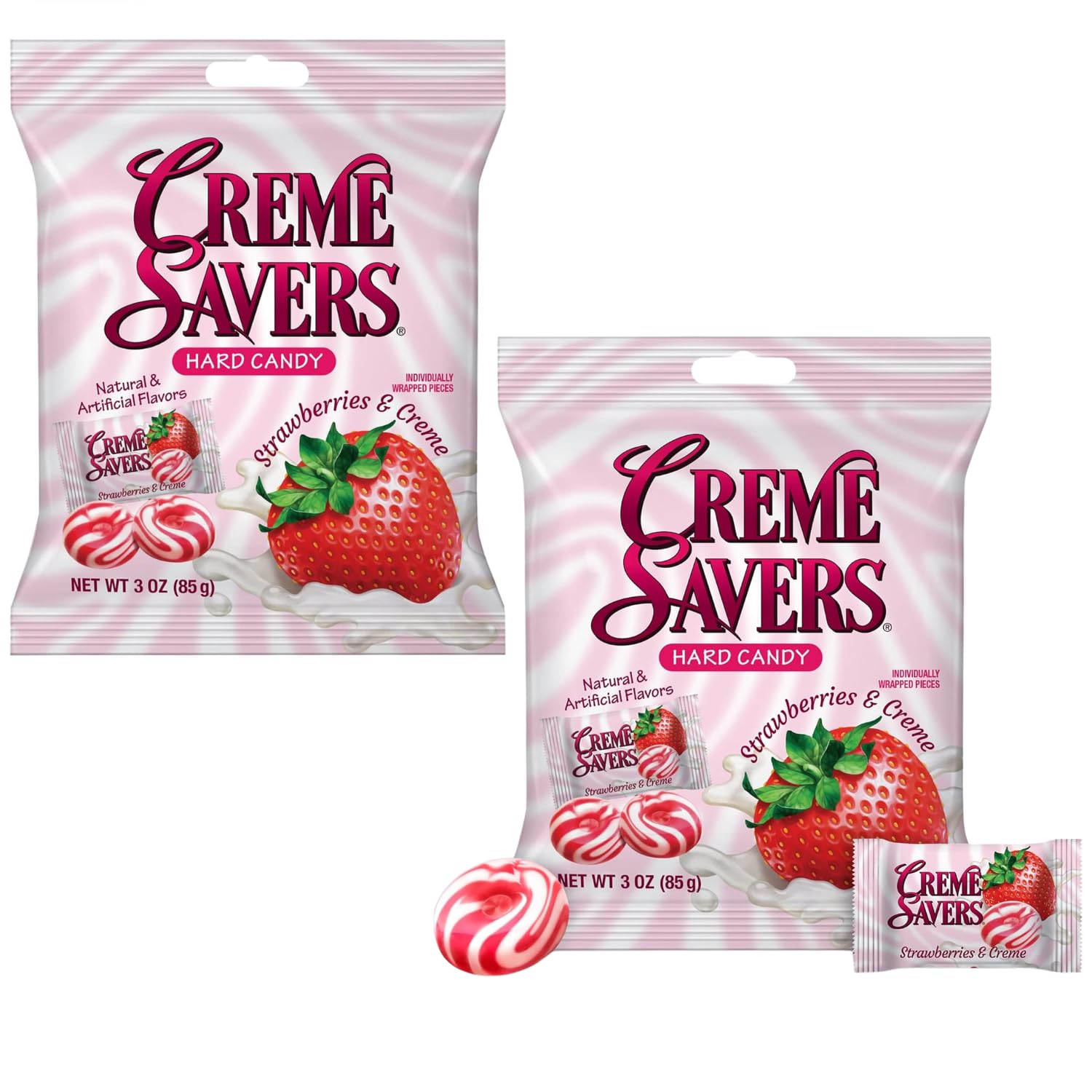 Strawberries Cream Savers Hard Candy 3 Ounce Bags (2 Pack), Individually Wrapped - Strawberry Creme Candy