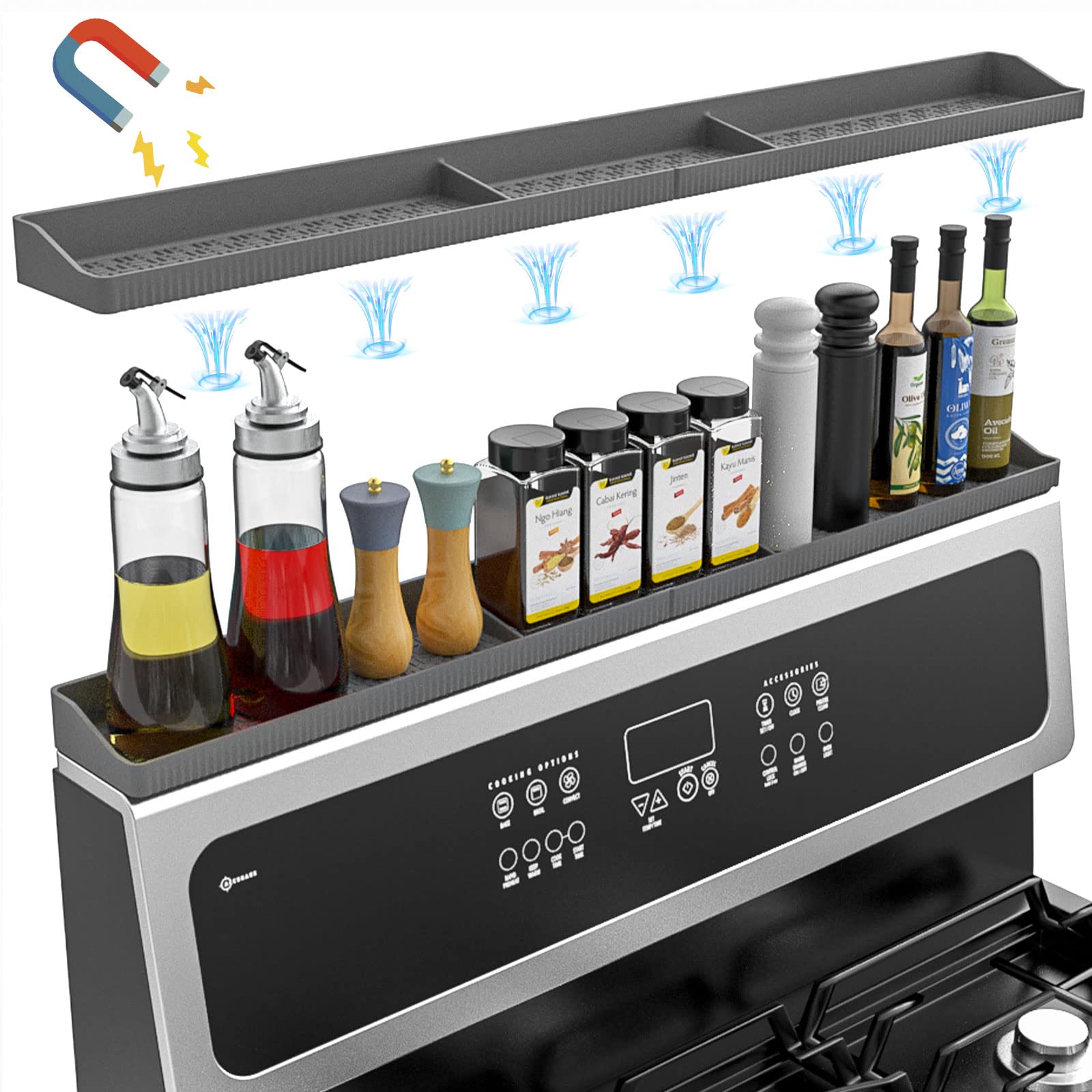 30" Silicone Stove Top Shelf, Over the Stove Top Shelf Spice Rack, Powerful Magnetism, Heat Insulated, Non-Slip, Spice Organizer, Clean Easily, Fit Flat & Slightly Curved Stoves (Grey)
