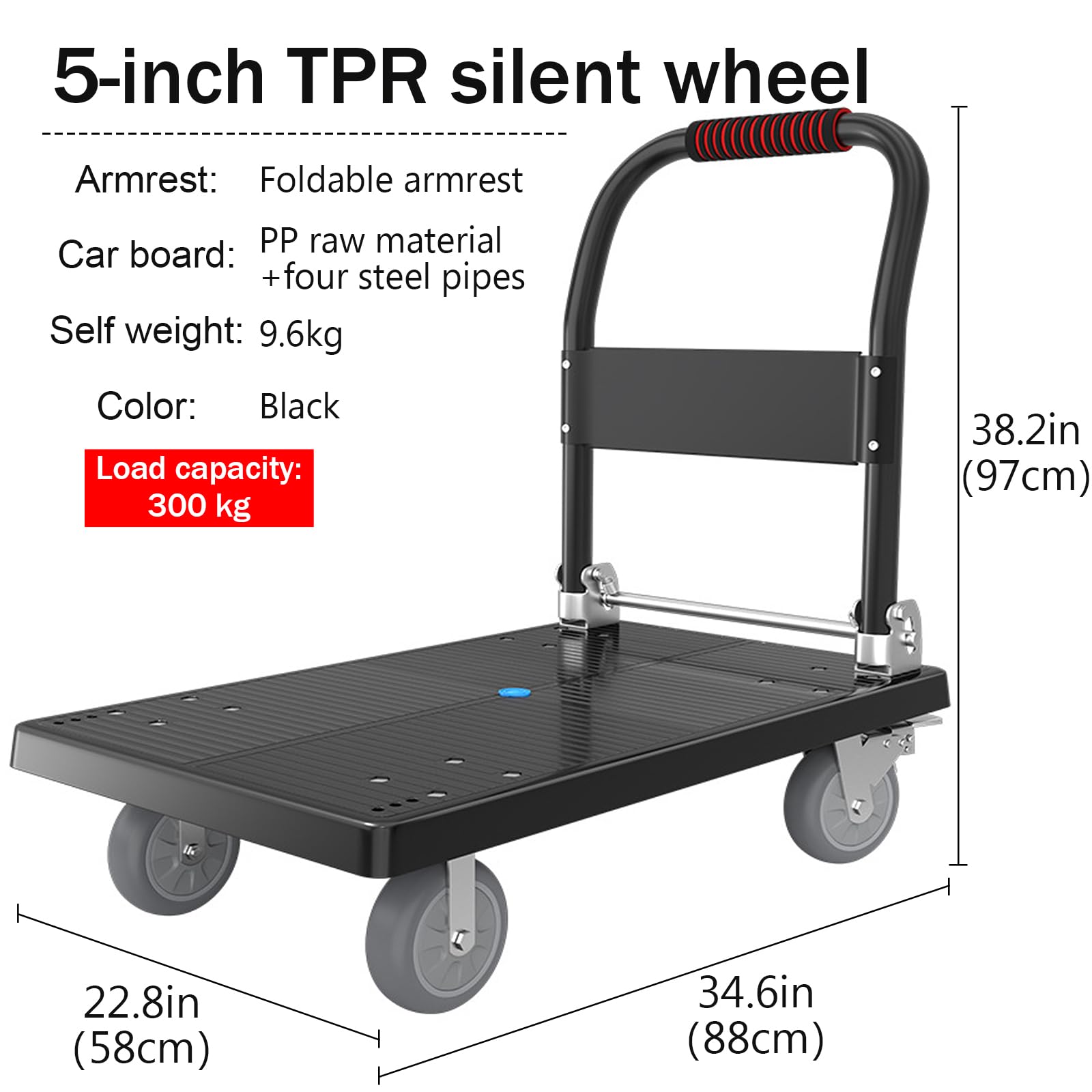 Carrello a spinta con piattaforma pieghevole, Carrello Richiudibile Pieghevole Tuttofare Portata 300kg Facile Trasporto E Sollevamento Pesante (88×58cm)