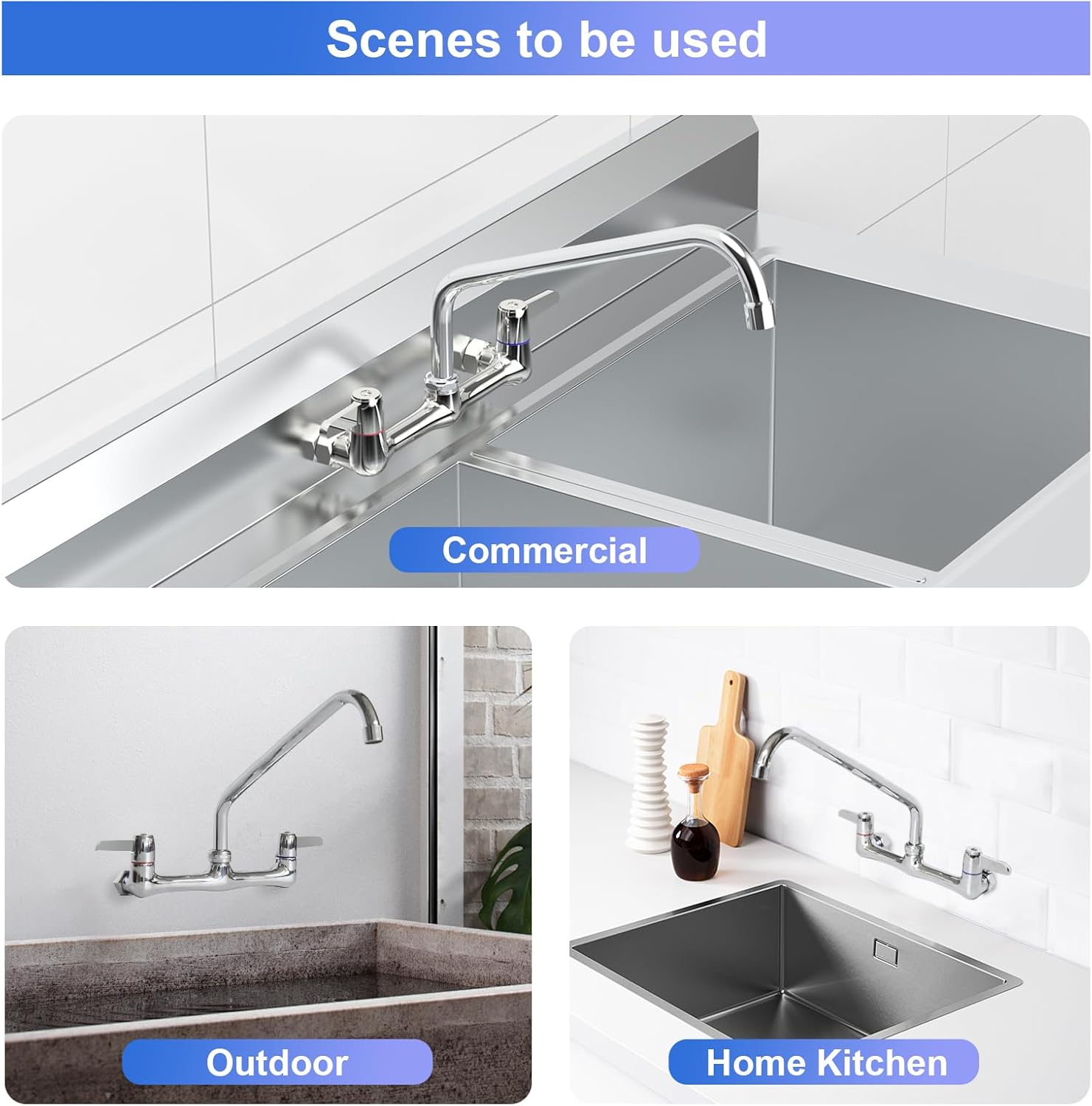Commercial Sink Faucet Wall Mount with 12" Swivel Spout, Wall Mount Kitchen Faucet, Commercial Kitchen Faucet-8 Inch Center for Utility Sink and 2/3 Compartment Sink