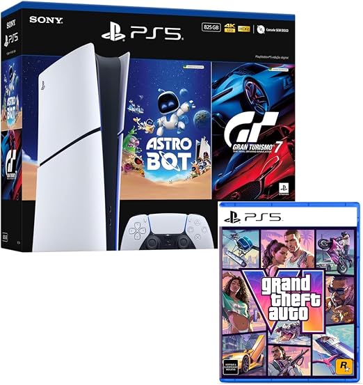 Bundle GTA VI + PlayStation 5 Slim Digital 825 GB Pacote Astro Bot e Gran Turismo 7