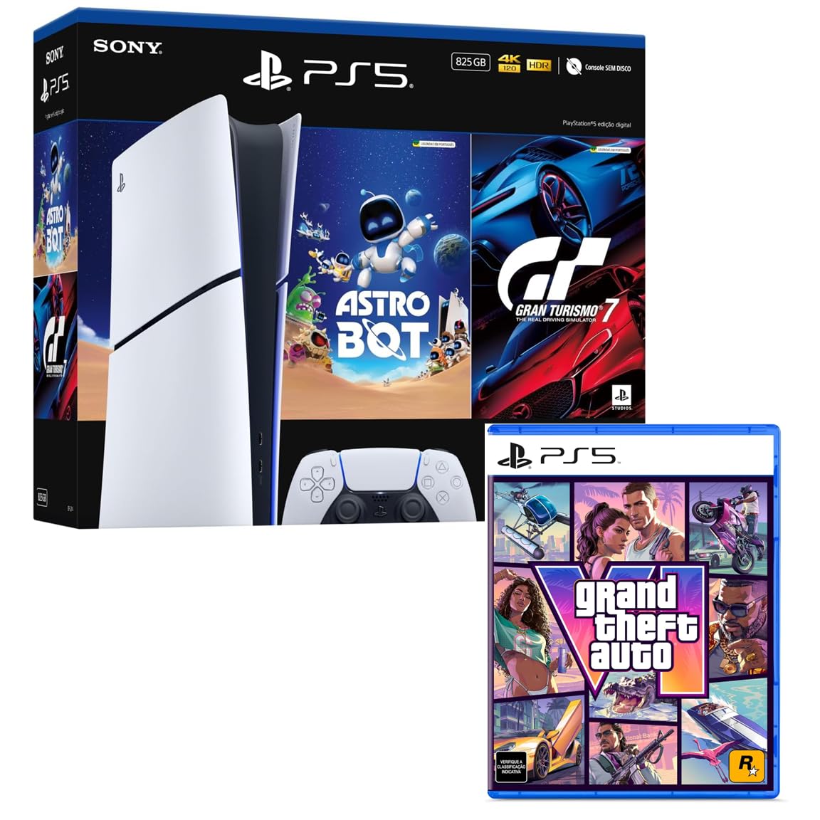 Bundle GTA VI + PlayStation 5 Slim Digital 825 GB Pacote Astro Bot e Gran Turismo 7