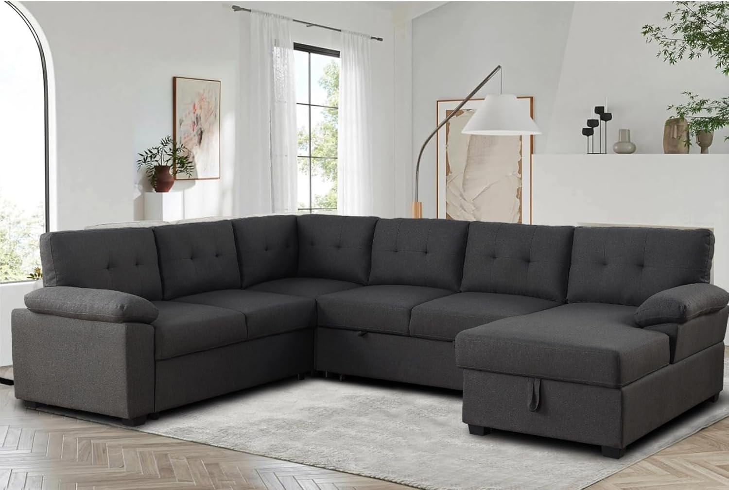 Sleeper Sofa Couch Bed with Pull Out Couch Living Room Set Sectional Sleeper Sofa with Storage Chaise Modular Couch Fabric Sofa Bed in Dark Grey