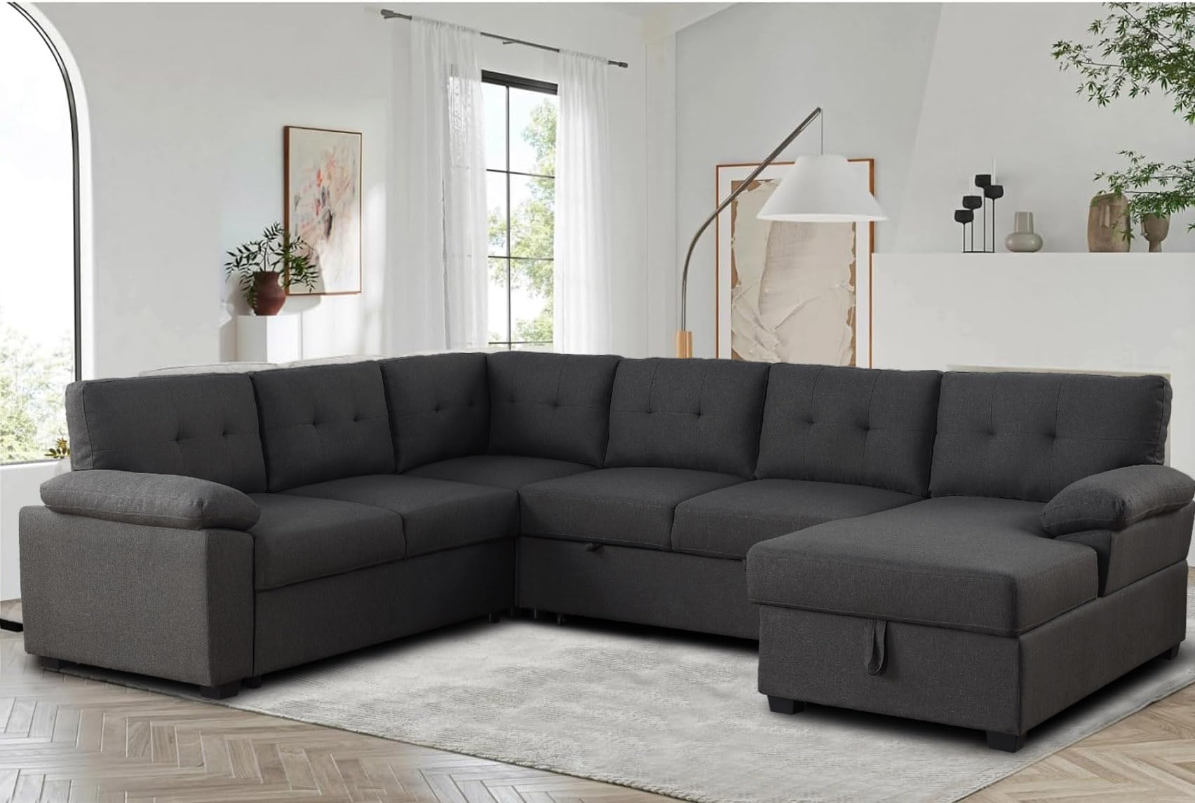 Sleeper Sofa Couch Bed with Pull Out Couch Living Room Set Sectional Sleeper Sofa with Storage Chaise Modular Couch Fabric Sofa Bed in Dark Grey