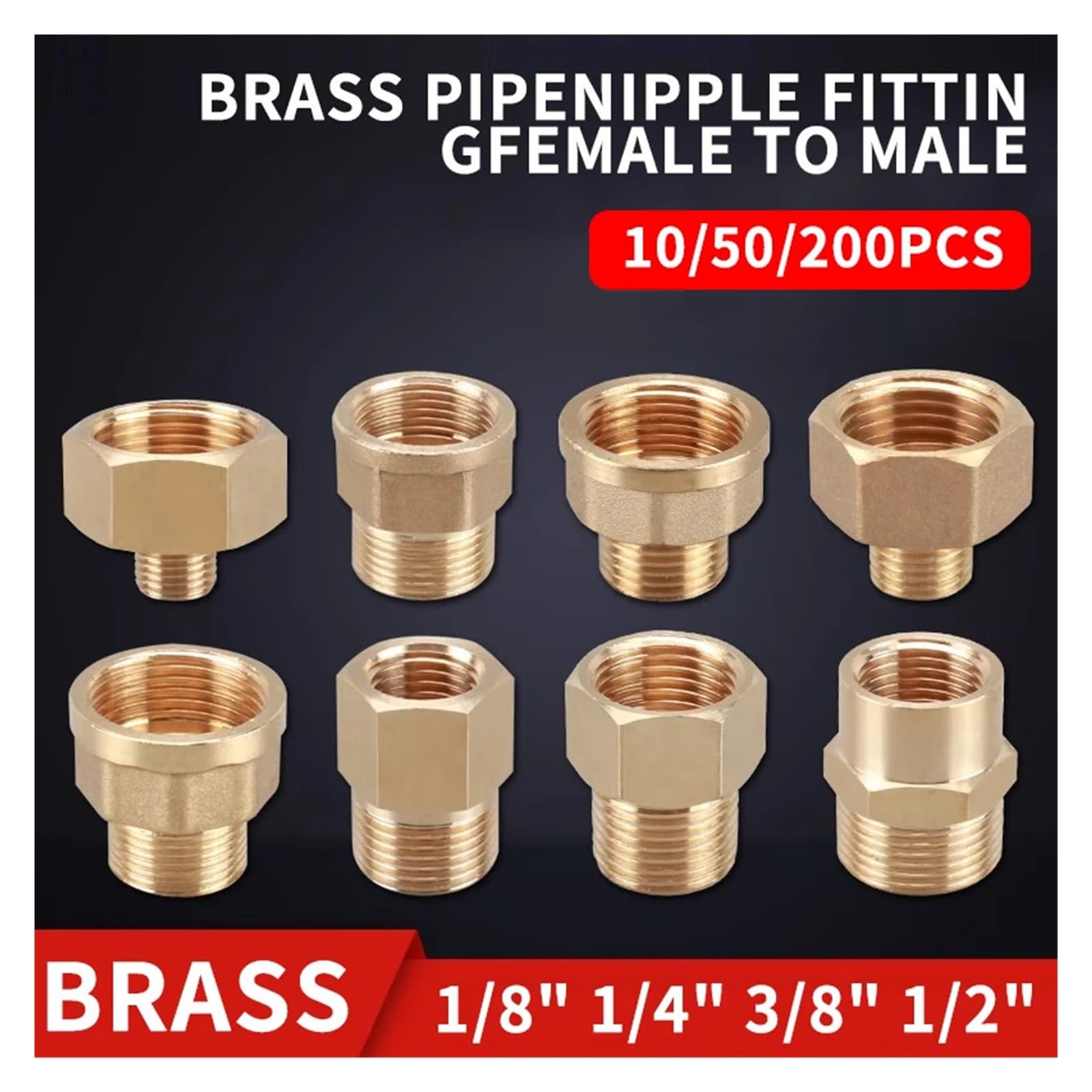 10 conectores de tubería de latón con buje hexagonal de rosca macho a hembra de 1/8", 1/4", 3/8" y 1/2".(M01-F01,200 PCS)