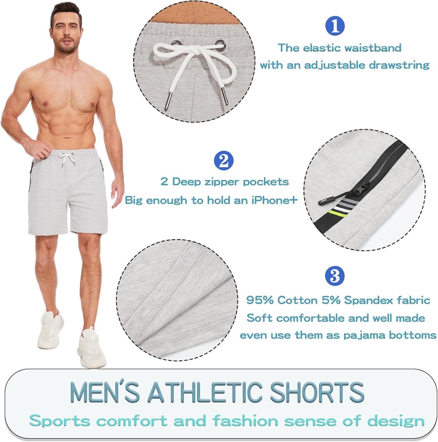 HEALONG Mens Athletic Shorts Cotton: Workout Gym Running Exercise Training - 7" Drawstring Fashion Sports with Zipper Pockets - Image 4