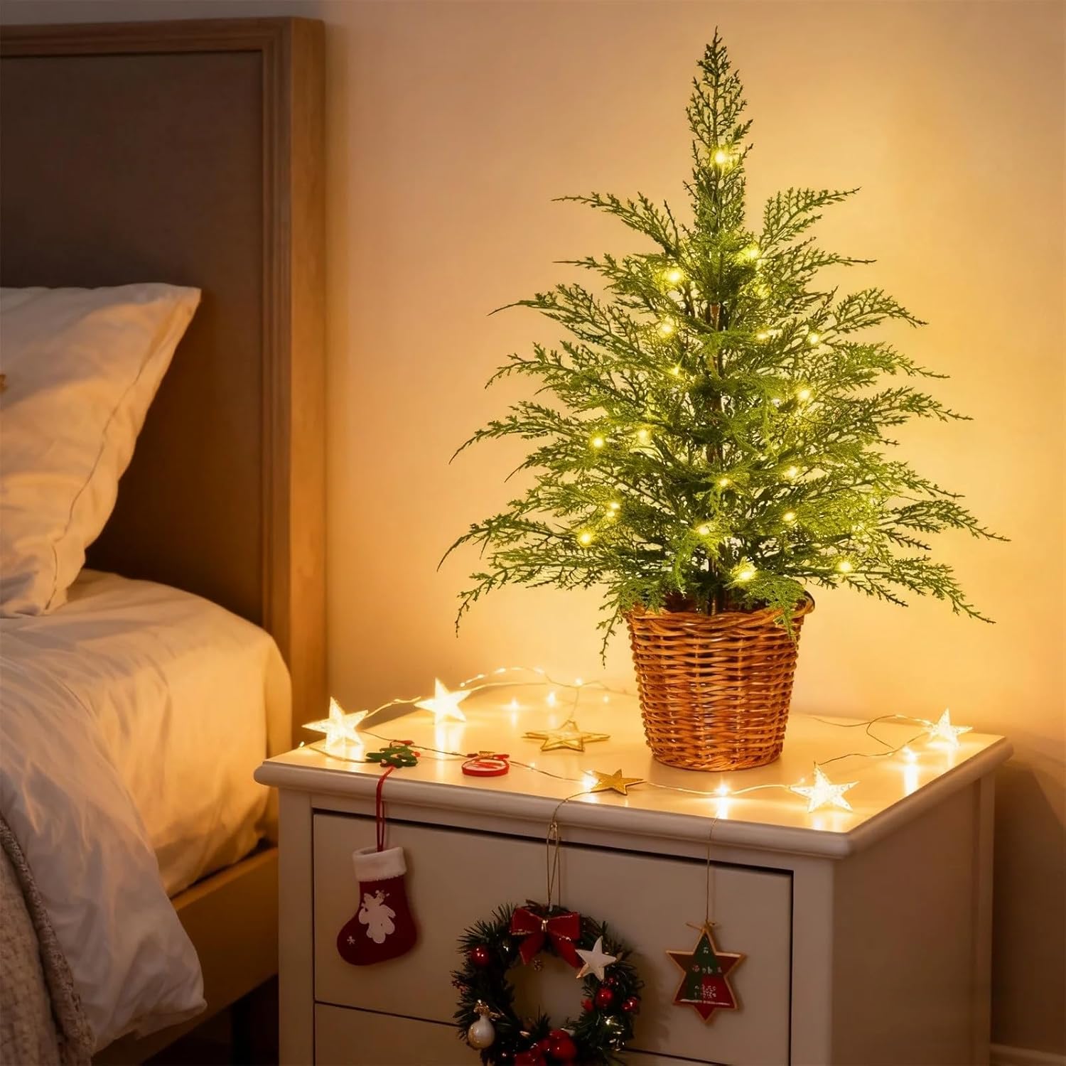 Artificial Cedar Trees for Outdoors with Lights,Pre-Lit Green Cypress Christmas Tree,Realistic PE Branch Pine Tree Pot,Xmas Home Front Porch Decor,Office Entryway Indoor Use (2FT, 1 Pack)