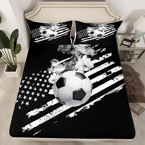 Miniatura 2 de Juego de sábanas de fútbol para niños y niñas juego de sábanas de bandera estadounidense juego de ropa de cama con bandera a rayas negras y blancas