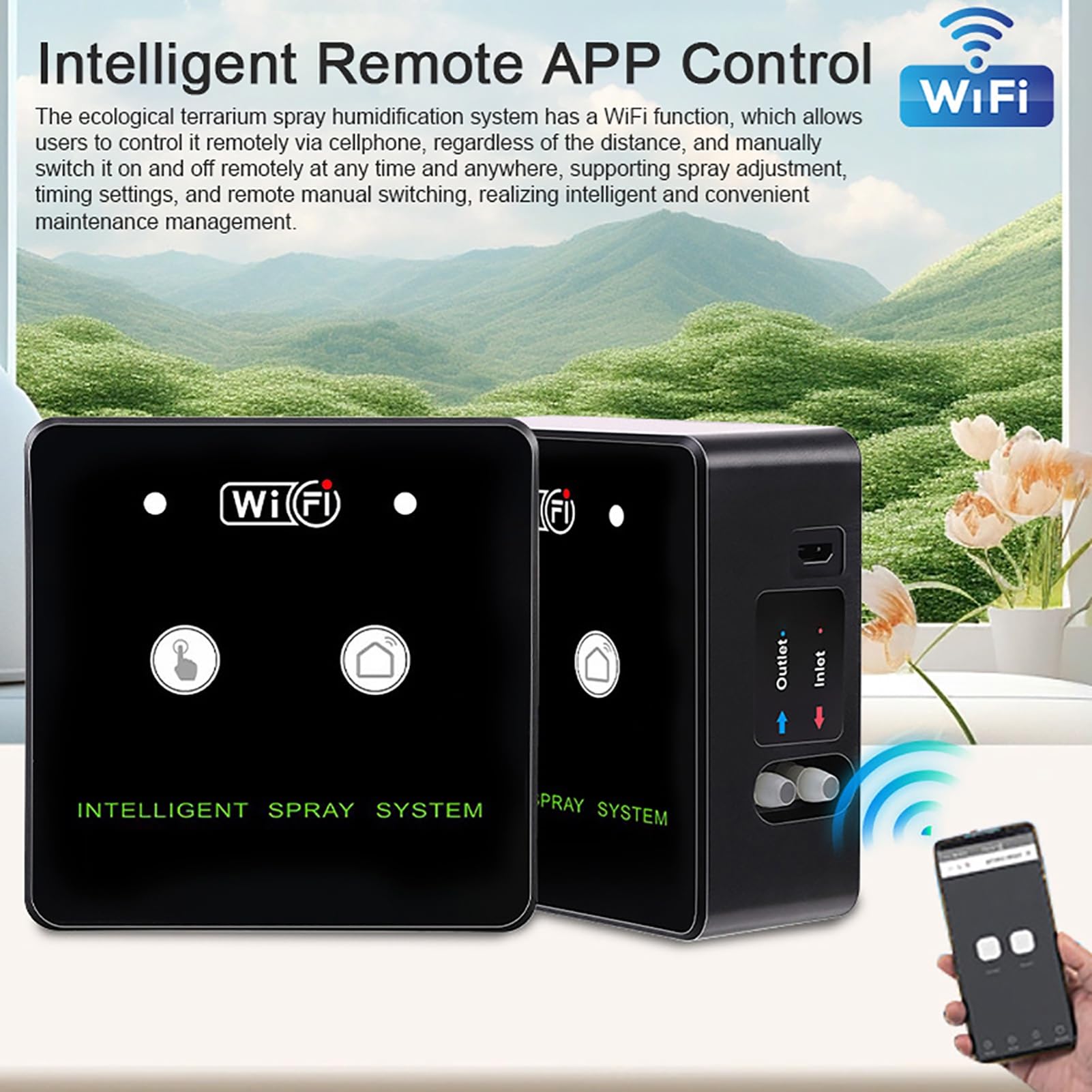 de nebulización para terrarios Wifi y kit de pulverización de humidificación para reptiles - Pulverizador automático con boquillas giratorias de 360 ​​grados - Control remoto por (5m 2 boquillas)