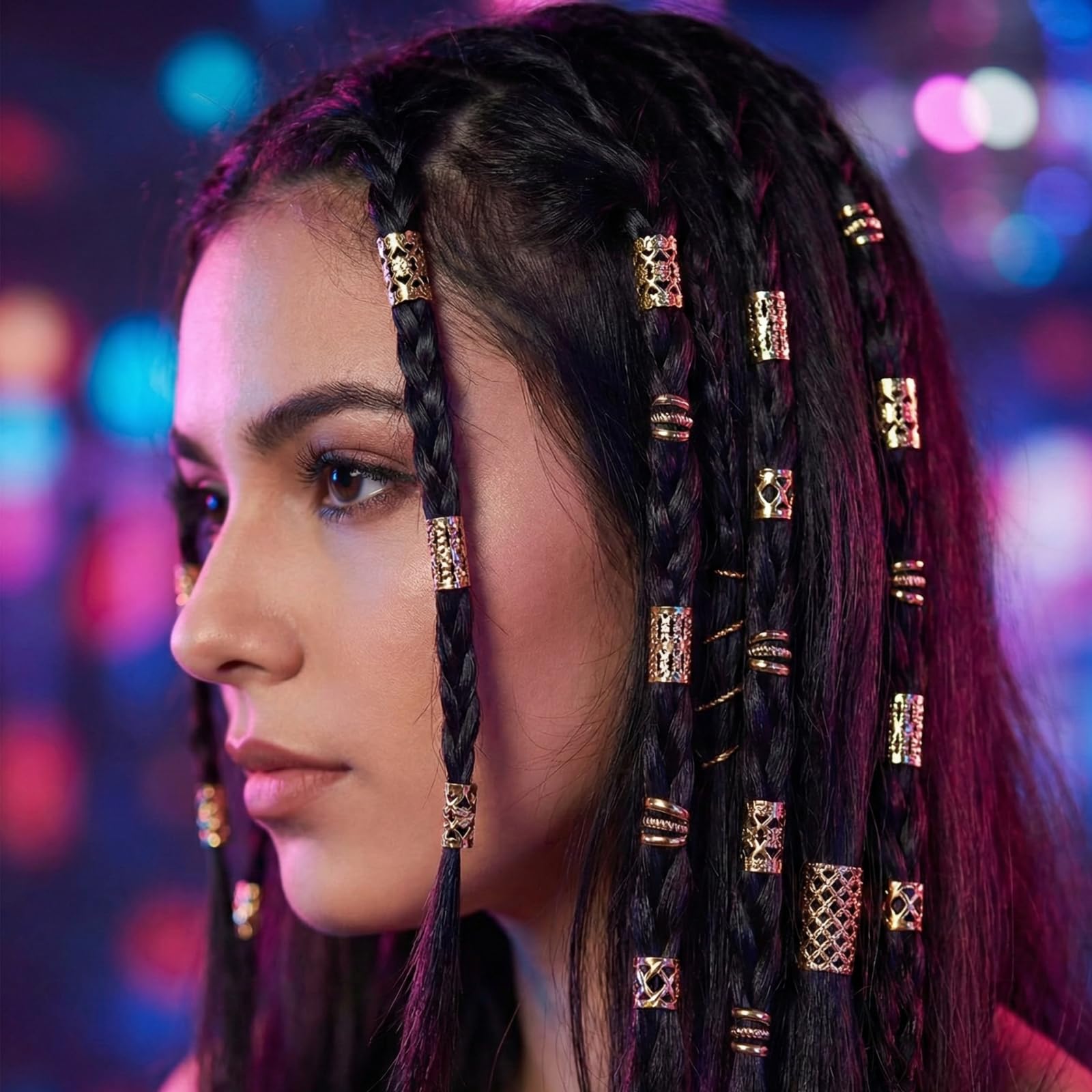 Lot de 90 bijoux de cheveux pour tresses et dreadlocks avec anneaux, manchettes, pinces à breloques, perles – Décorations de cheveux élégantes pour femmes, accessoires pour festivals, fêtes, mariages