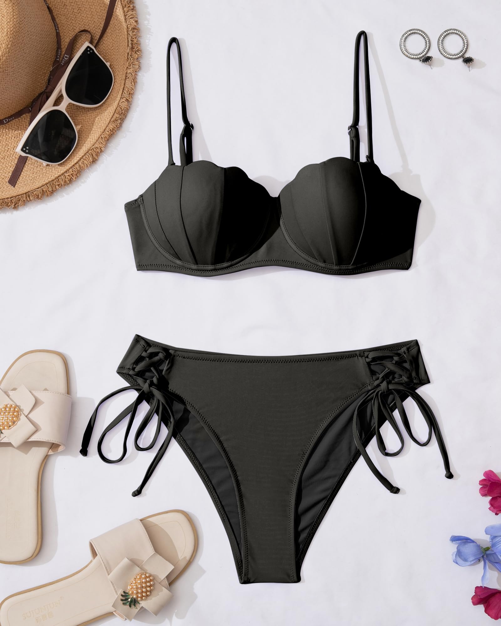 KerryKreey Underwire Swimsuits for Women Push Up Bikini Sets High Cut Cheeky Two Piece Lace Up Tie Side Bathing Suits: Medium Black Bikini Sets