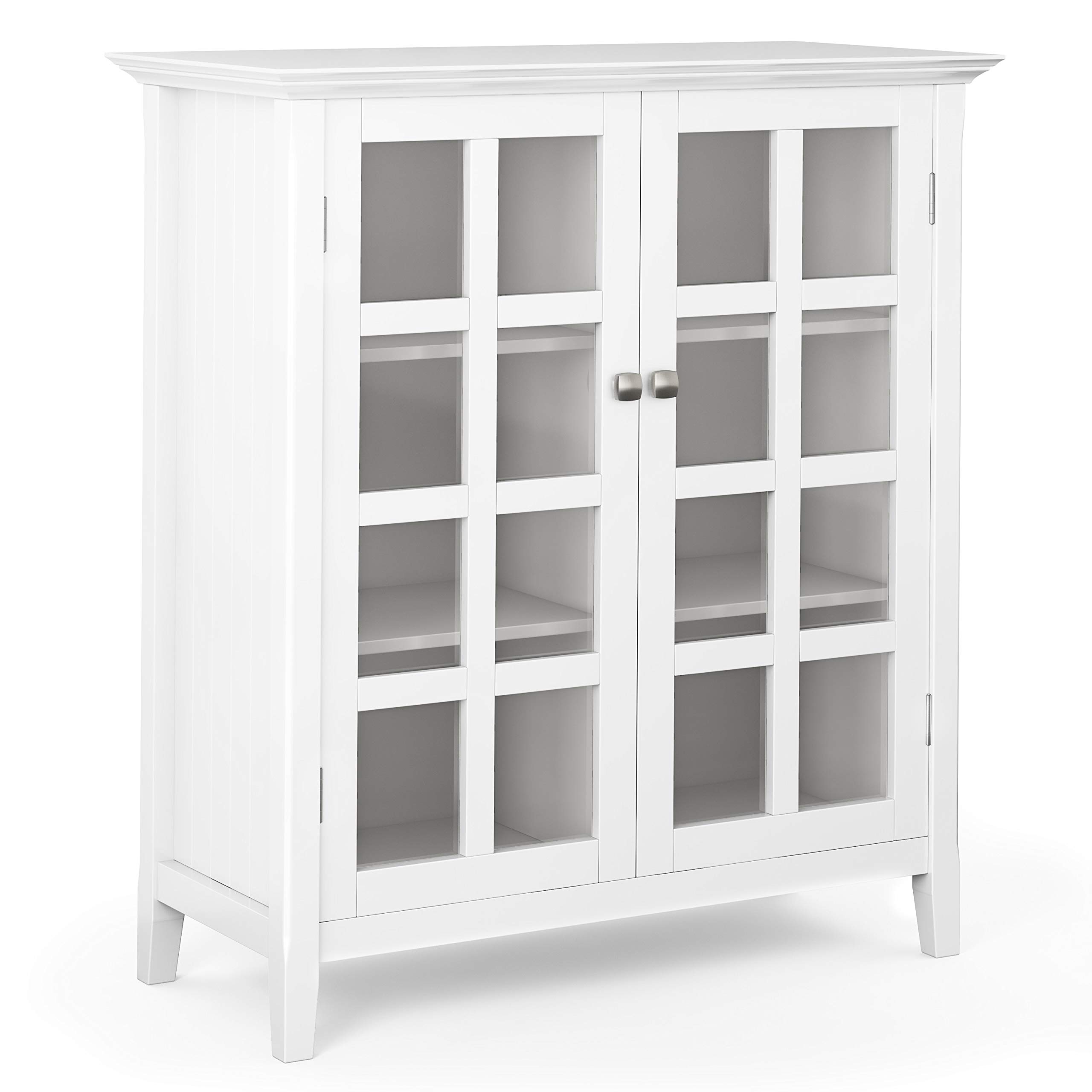 SIMPLIHOME Acadian Storage Cabinet - 39 inch Wide Solid Wood 4-Shelf Display Cabinet in White, Transitional Cupboard for Living Room or Dining Room with Glass Doors and Adjustable Shelves