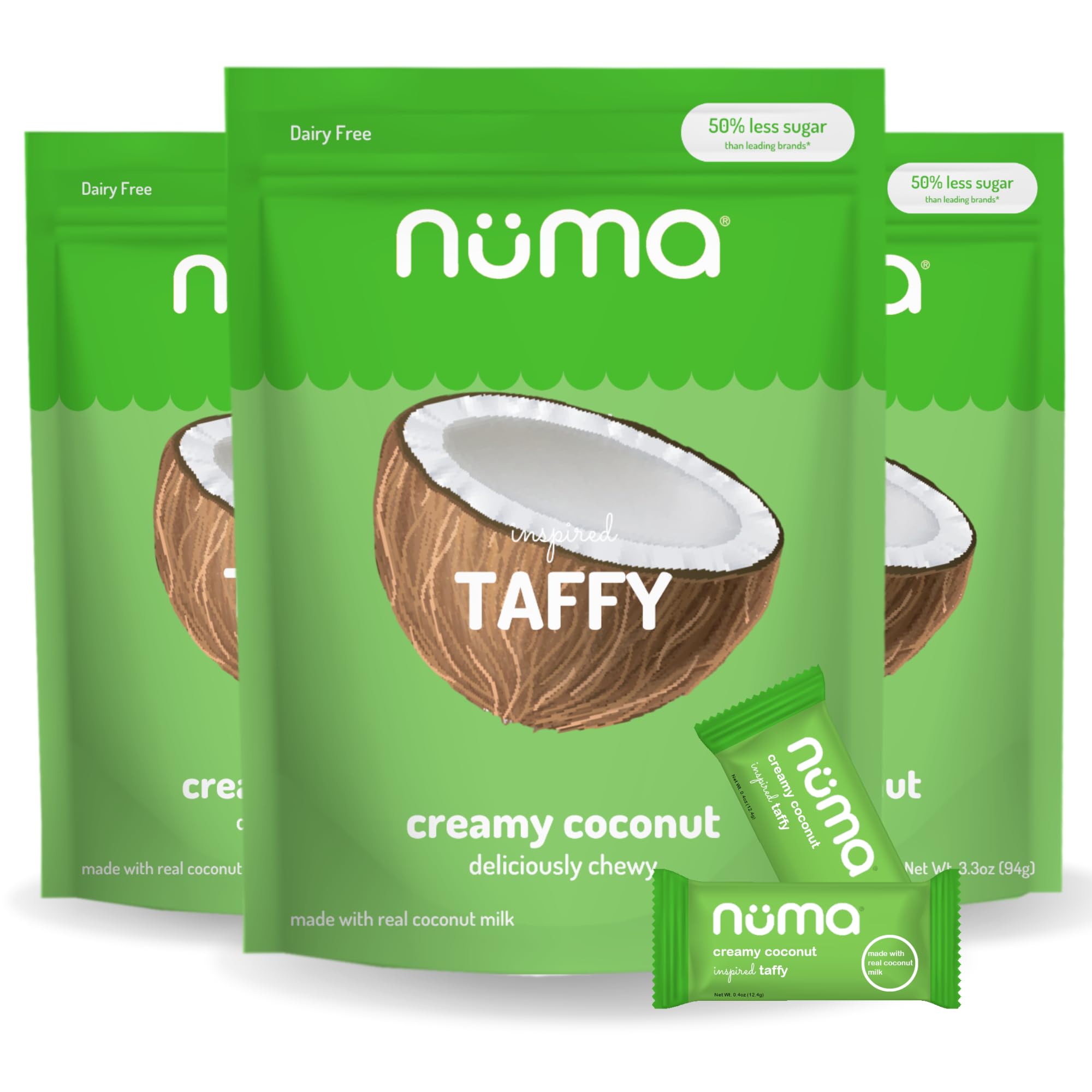 Numa Foods Creamy Coconut Taffy Candy – Dairy Free, Low Sugar Candy - Low Calorie & Natural Chewy Snack with Real MCT-Rich Coconut Milk, Gluten Free –