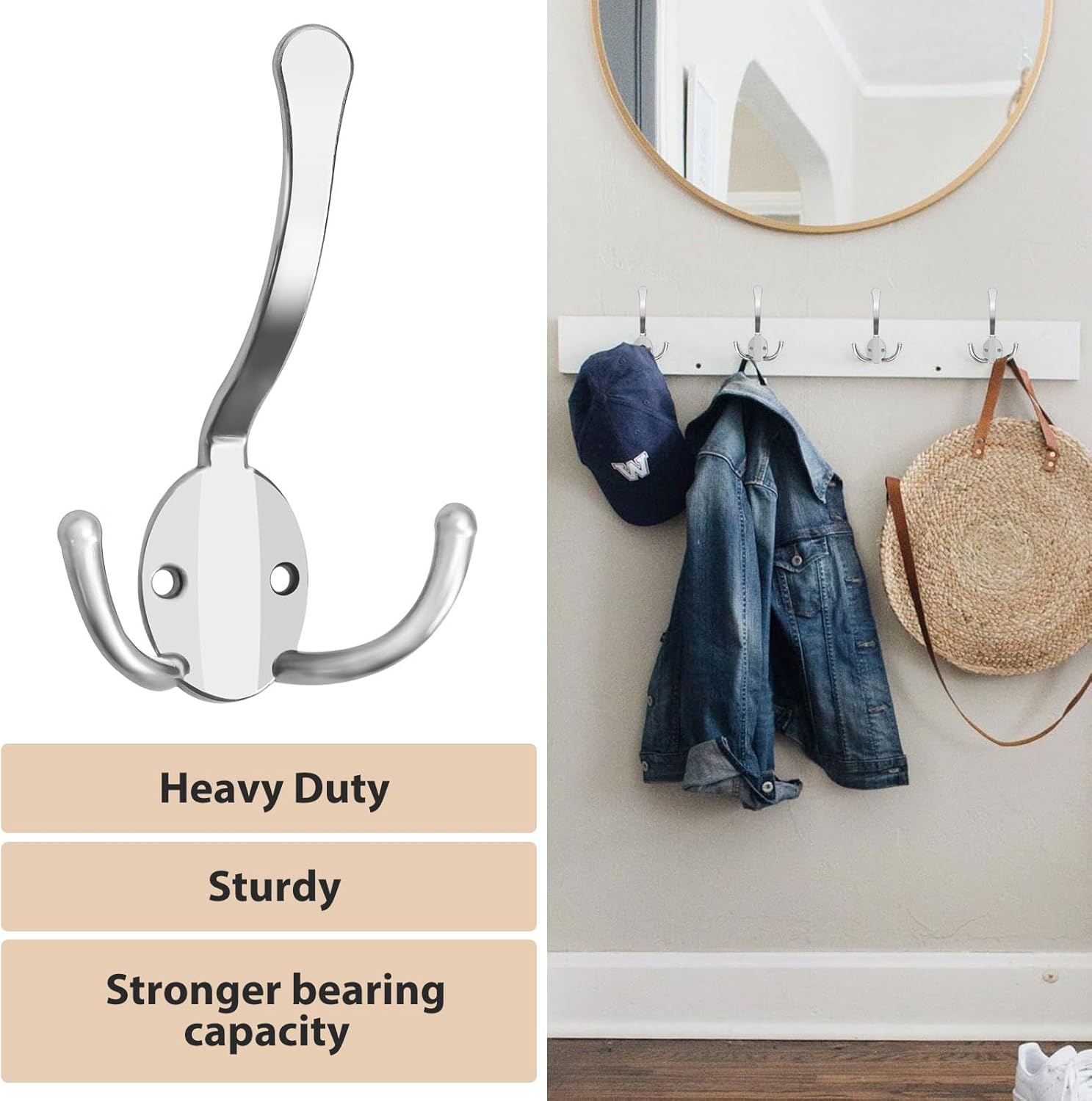 Homanu 8 Pack Coat Hooks Heavy Duty, Metal Three Prongs Large Coat Hooks Wall Mounted with 16 Screws, No Rust Silver Rustic Wall Hooks for Hanging Towel, Coat, Scarf, Bag, Hat, Cup, Key