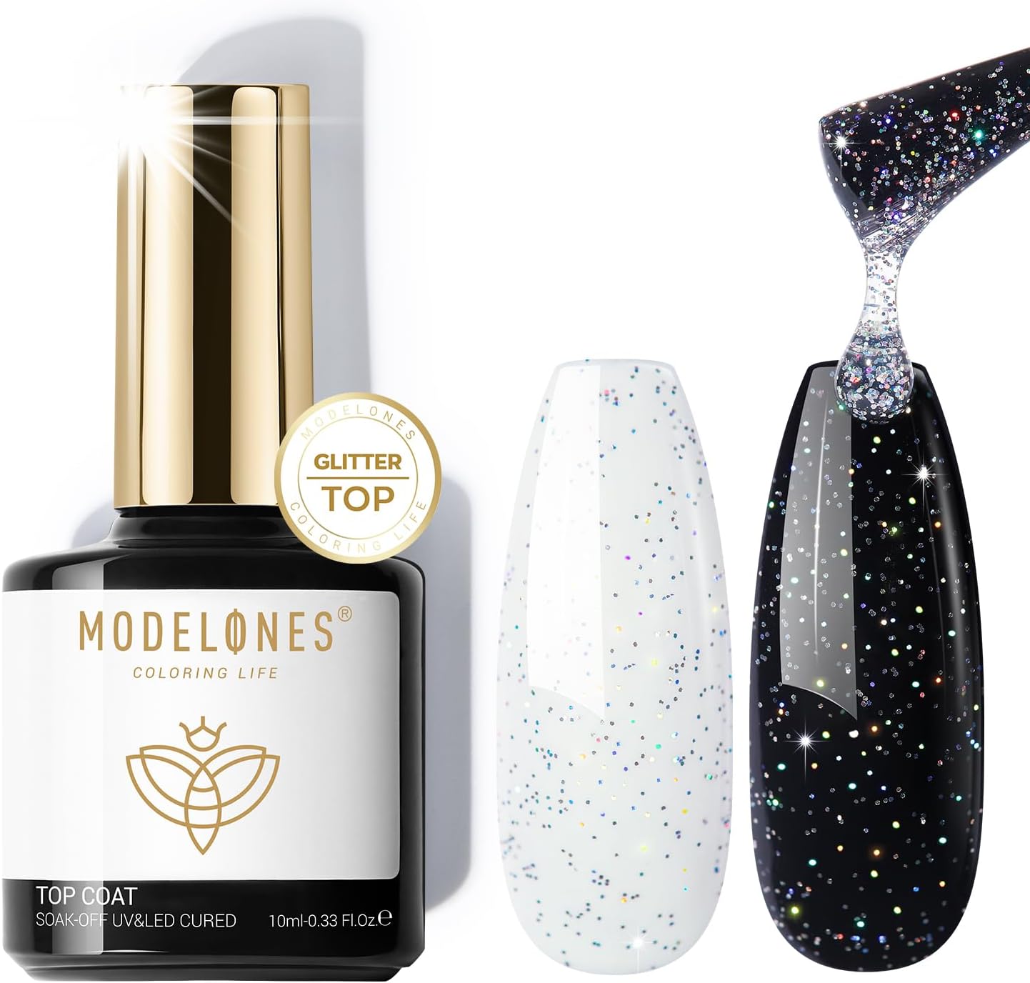 modelones Glitter Gel Top Coat, Reflective Iridescent Silver Mix Glitter Sparkle Clear Gel Polish No Wipe Glossy Confetti Sparkly Long Lasting Rainbow Shimmer Soak Off Nail Art Manicure Gift