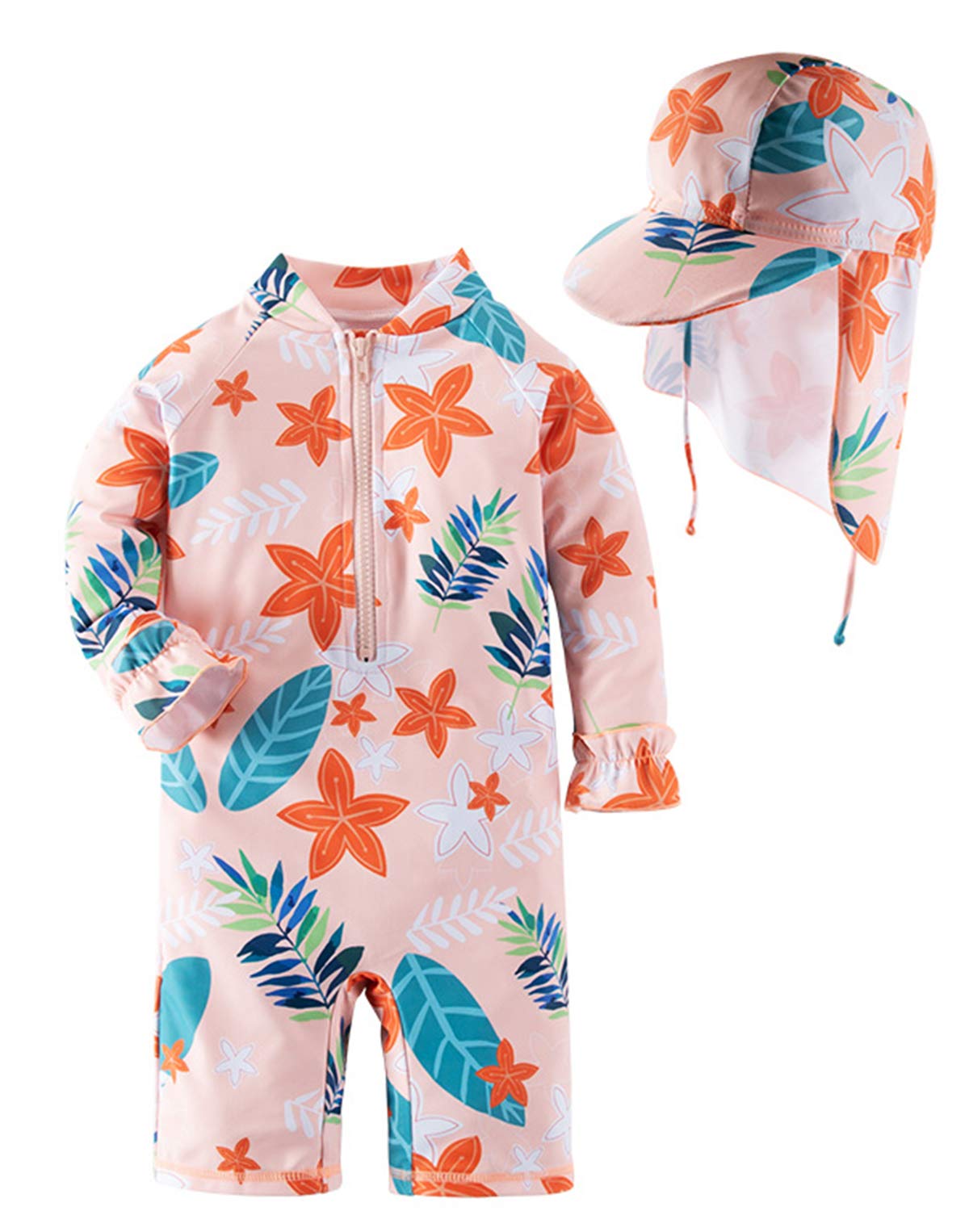 Styles I Love Little Girls Floral Print One-Piece Rash Guard Swimsuit with Sun Hat 2pcs Set Peach Bathing Suit Beach Swimwear (4T)