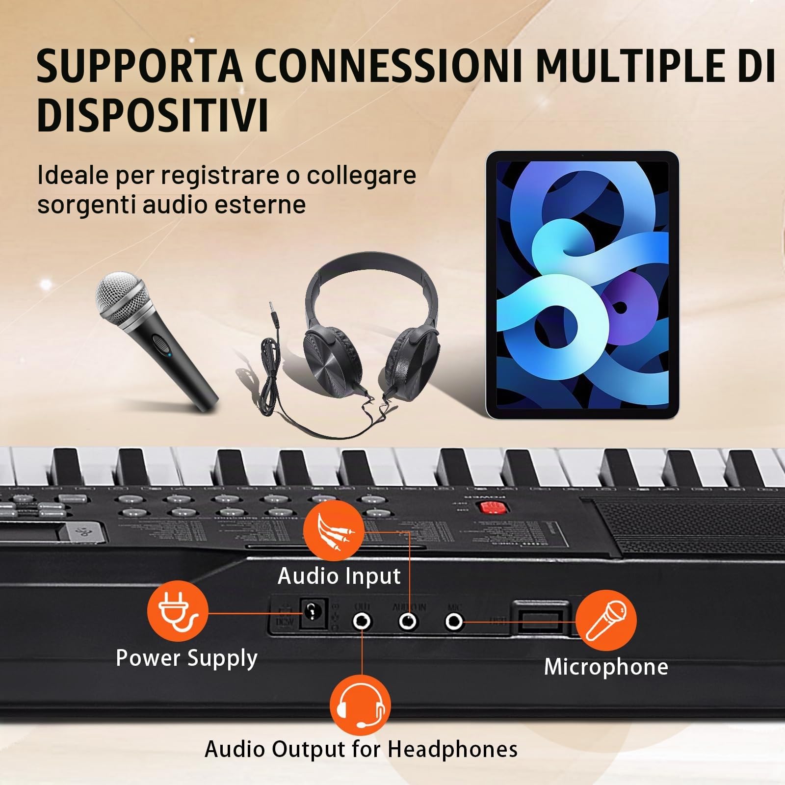 VEVOR Pianoforte Digitale con Tastiera, 61 Tasti, Set Pianoforte con Tastiera Elettrica Portatile, 200 Toni, 200 Ritmi, 60 Brani Demo, Altoparlanti Incorporati, Cuffie, Microfono, per Principianti