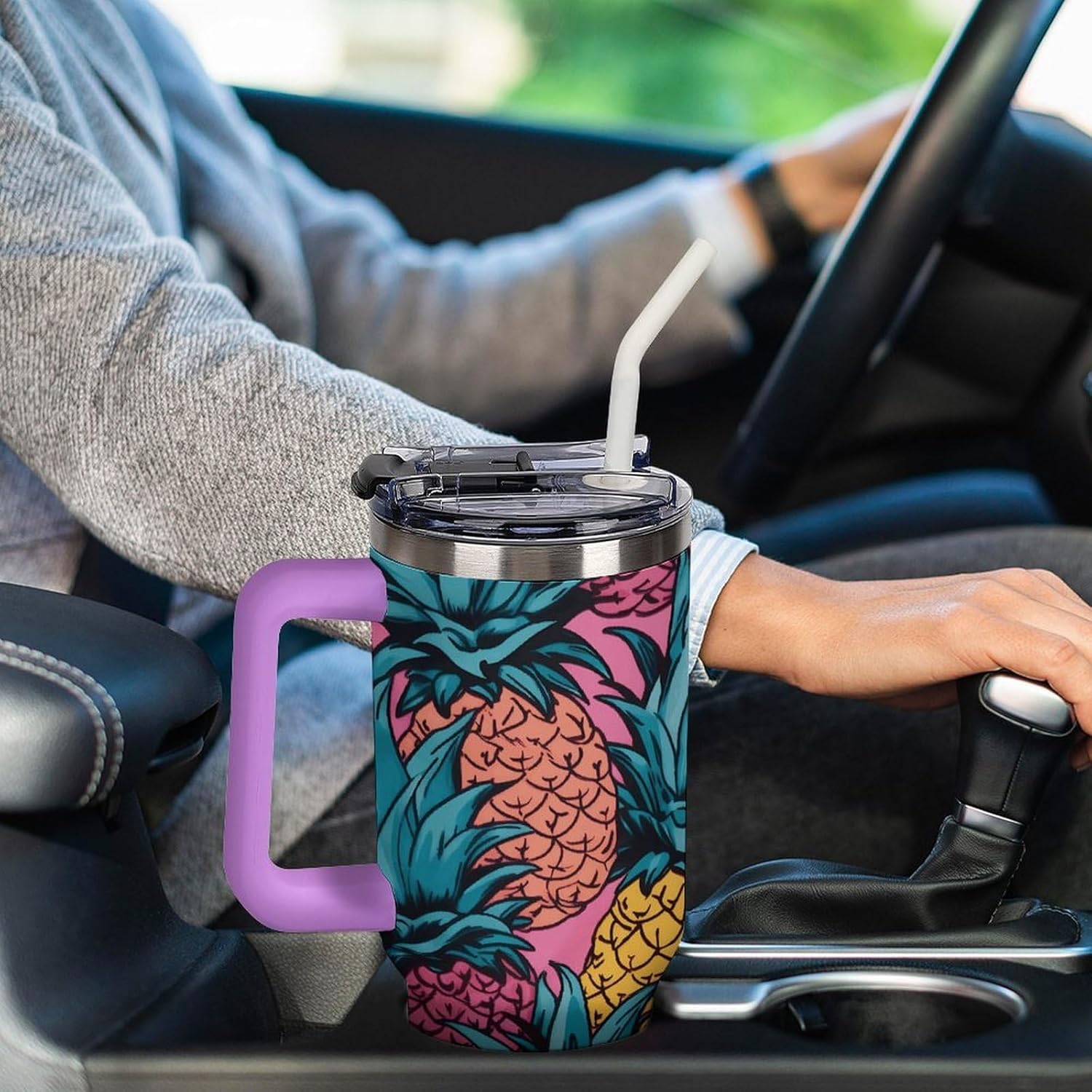 Large Car Cup with Handle&Lid Fashion Color Pineapple Tumbler Sturdy Insulated Water Bottle Stainless Steel Vacuum Travel Mug Portable Coffee Cup for Home Outdoor 40 Oz Violet-style