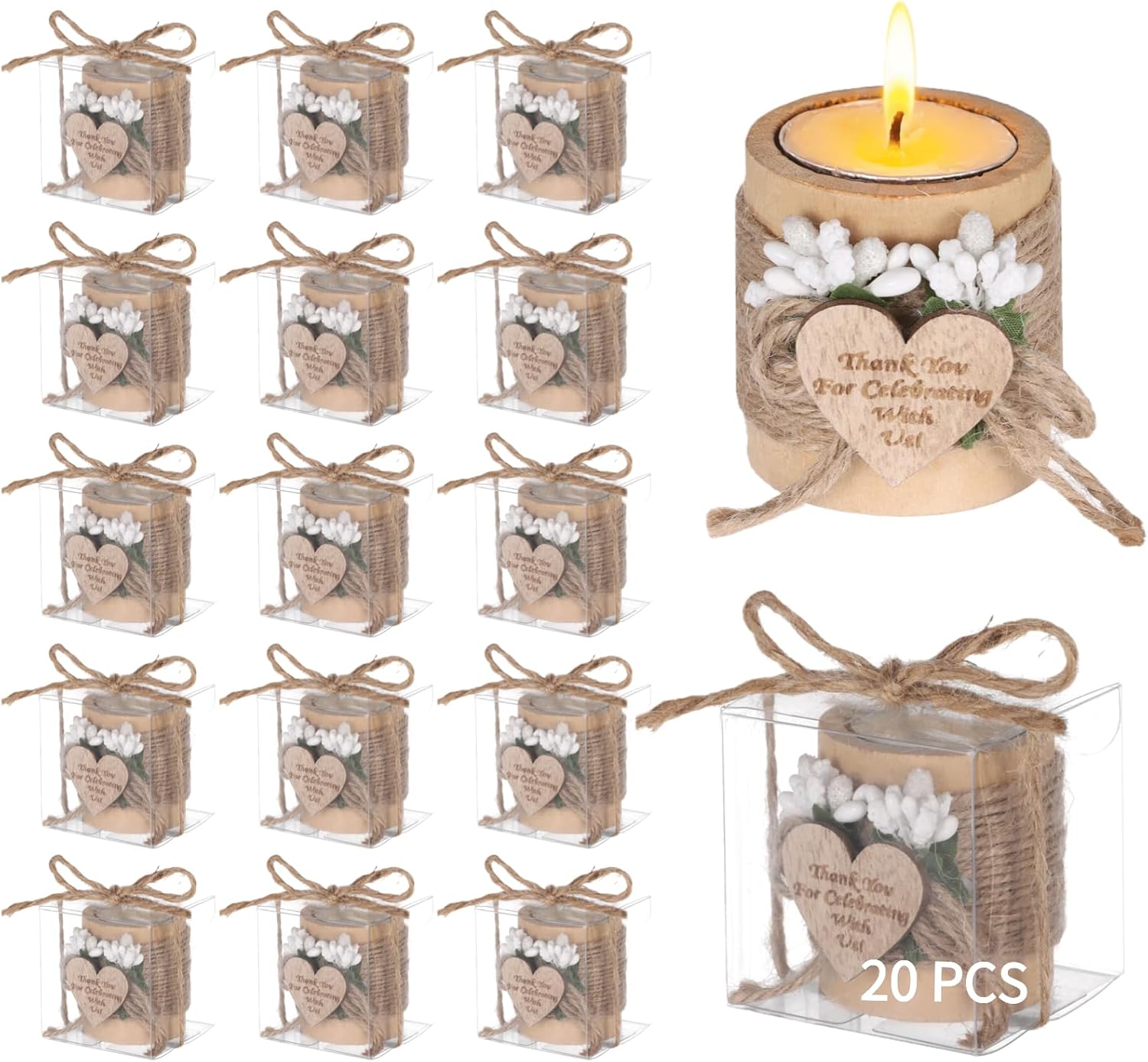 20 Sets Baptism Candle Favors for Guests, Wedding Wooden Tealight Candle Holders Baby Shower Centerpieces for Tables for Christening Wedding Party Christmas Souvenirs
