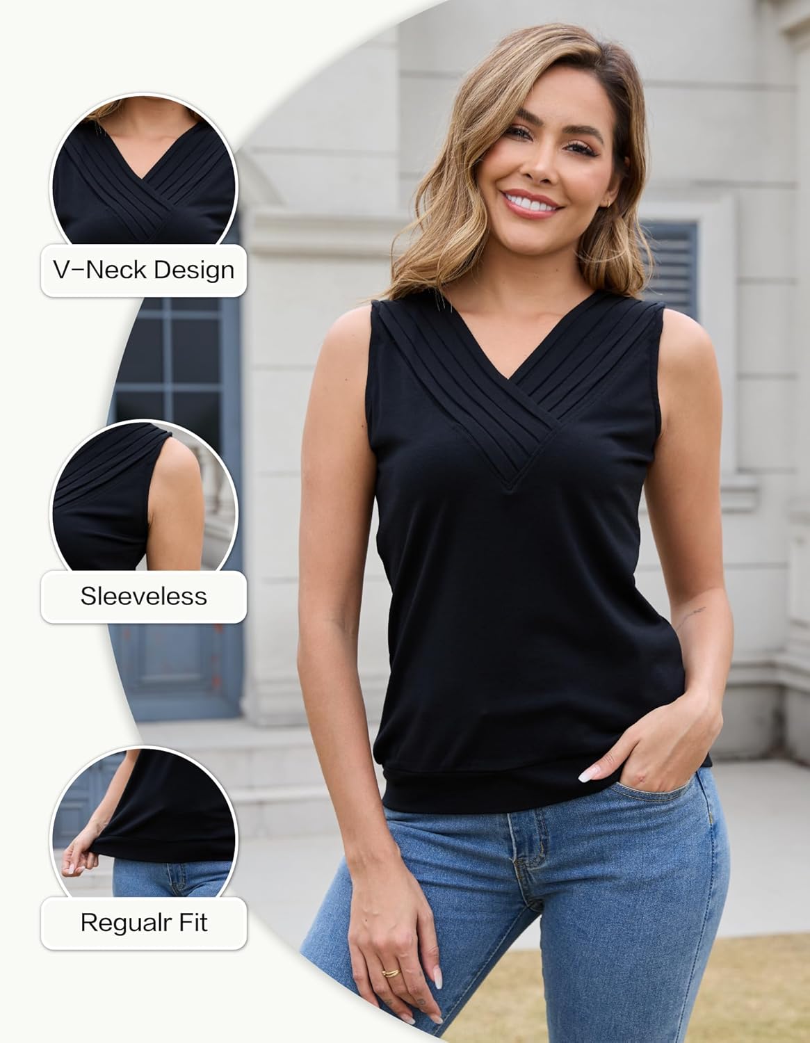 Merino Wool Pleated V Neck Tank Top for Women for Work, Sleeveless Summer Shirt for Women, Moisture Wicking Camisole - Image 4