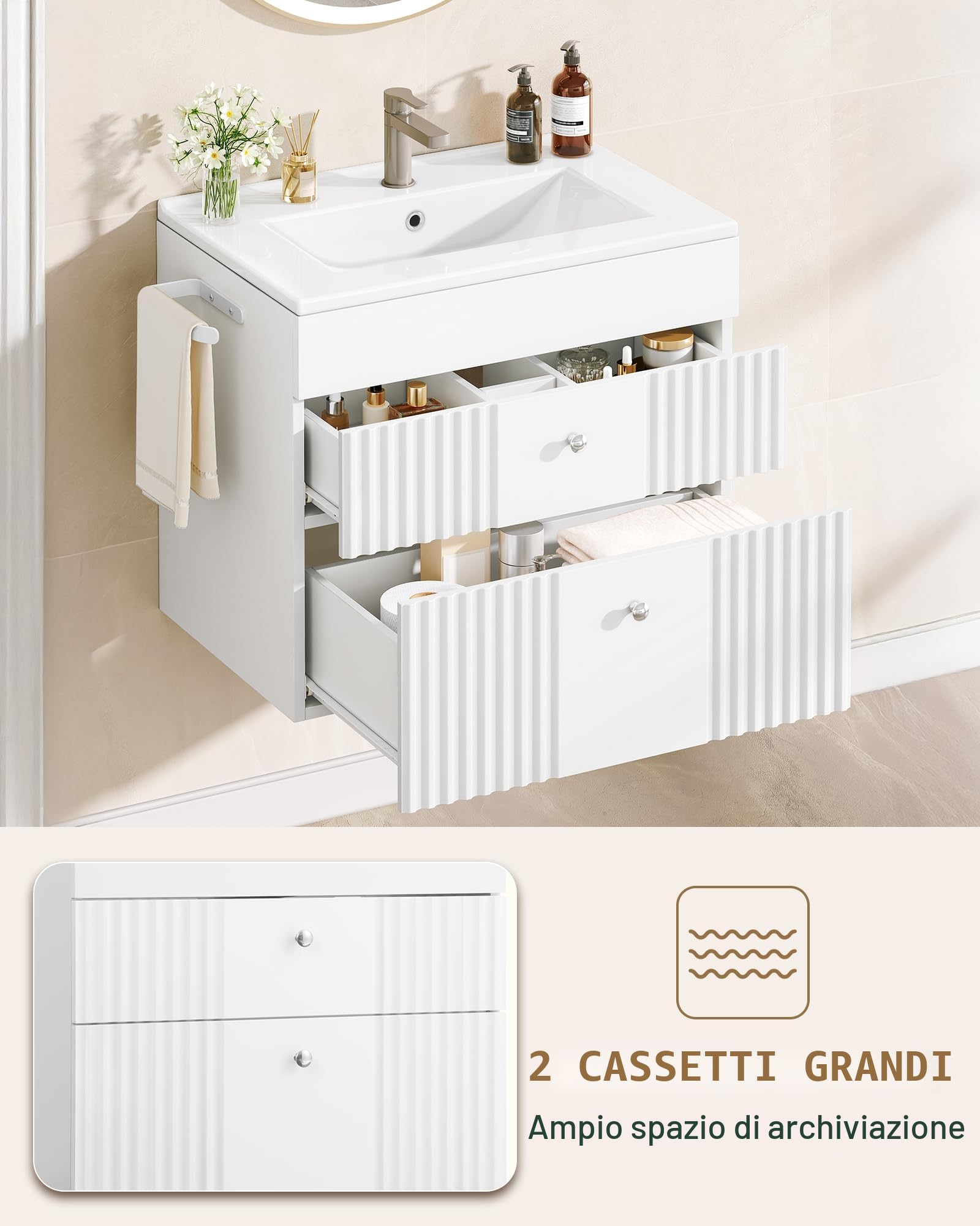 Hzuaneri Mobiletto da Bagno Sospeso a Parete, con Lavabo Integrato in Ceramica, 2 Cassetti, Portasciugamani, Mobile Bagno, Archiviazione ad Alta Capacità, 40 x 60 x 50 cm, Moderno, Bianco BC64103X