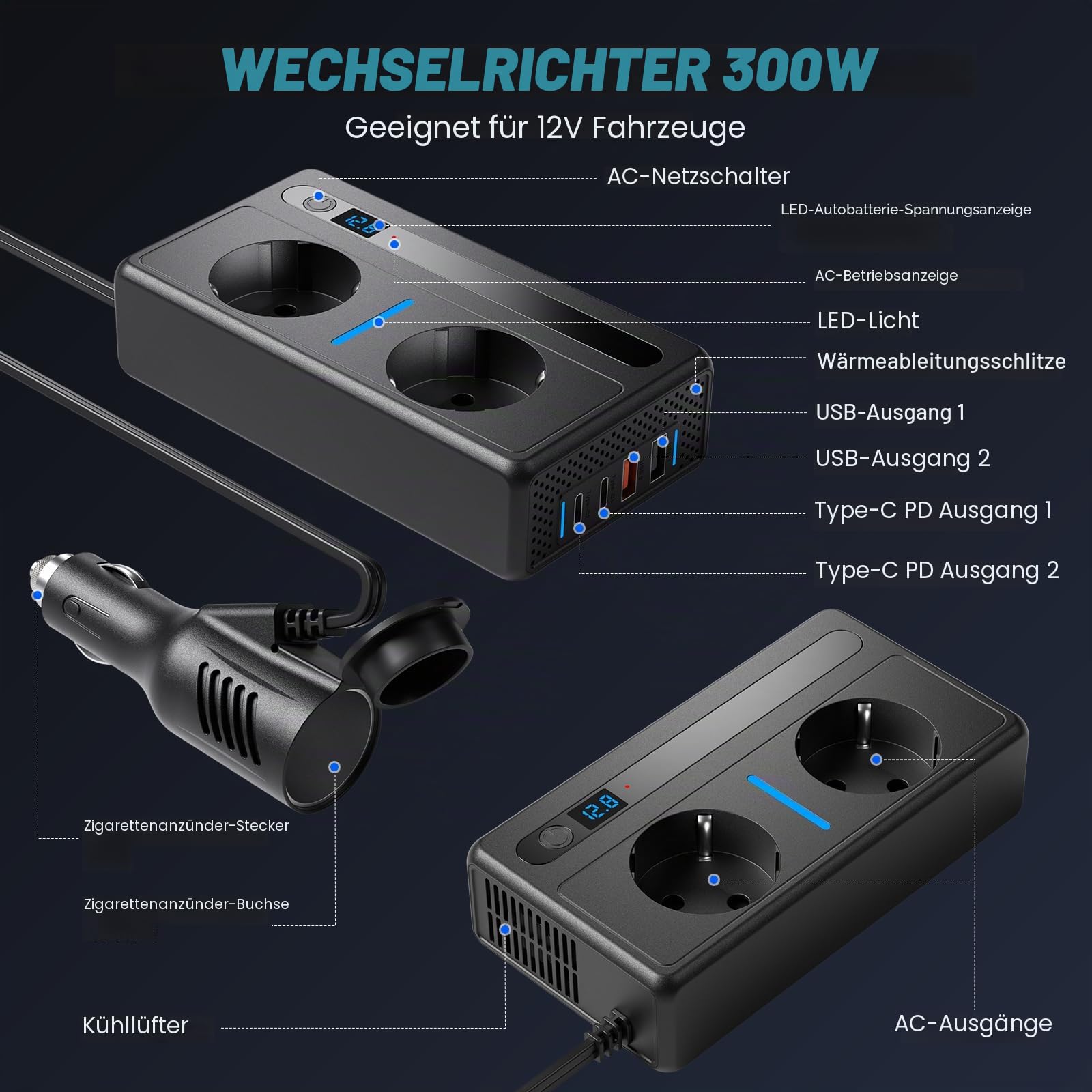 Auto Spannungswandler 300W, Wechselrichter DC 12V auf AC 230V Schnellladung Autoladegerät mit Zigarettenanzünderstecker 7-Port Ladegerät mit 2 Steckdosen 2 USB-Anschlüsse 2 Typ-C-Anschlüsse