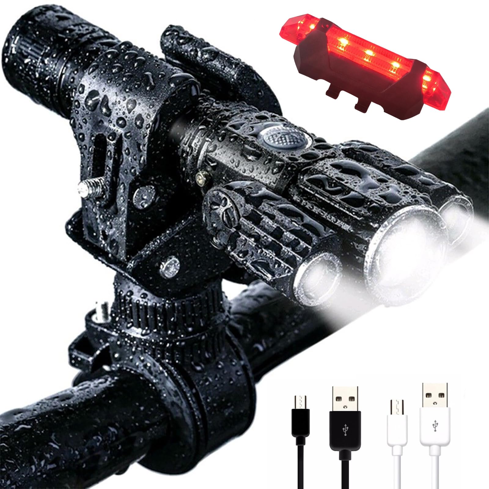 Super Bright Rechargeable Bike Light Set, 4+4 Modes,Powerful Bicycle Front Headlight and Back Taillight,18+ hrs, IPX6 Waterproof Bike Lights for Night Riding, Bike Light for Road Mountain Cycling
